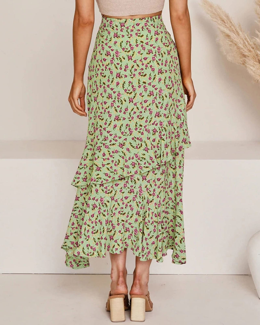 FreshPretty Women Summer Fall Boho Long Skirts Dress Floral Print Elastic Waist Split Ruffle High Low Beach Maxi Skirt