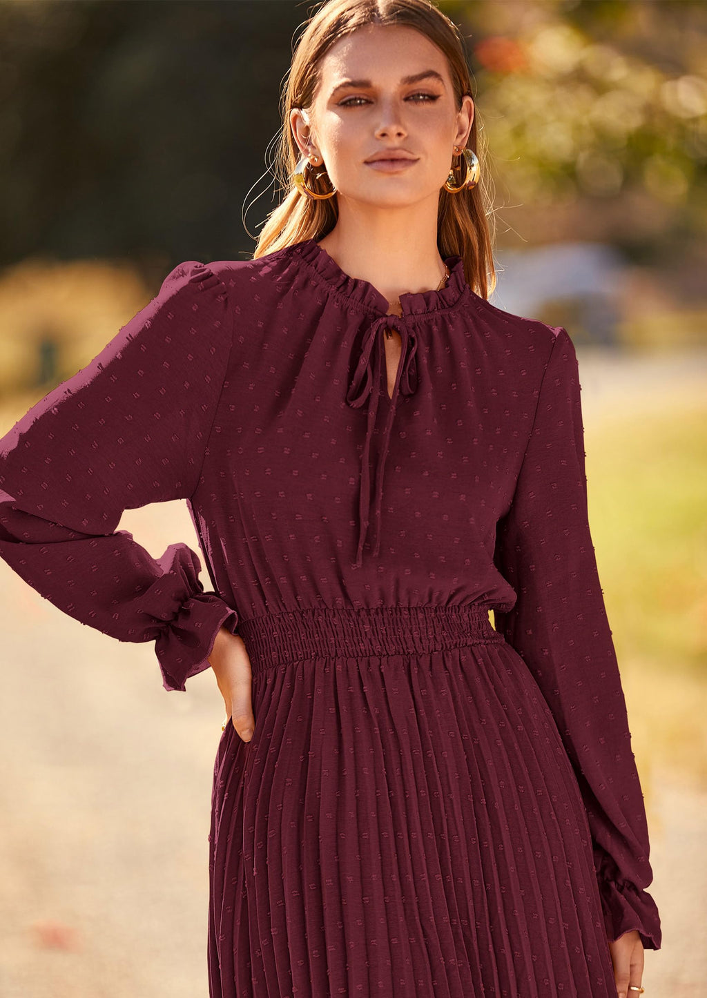 PRETTYGARDEN Women's Spring Fall Midi Dress Casual Long Sleeve V Neck Swiss Dot Pleated A Line Flowy Dresses