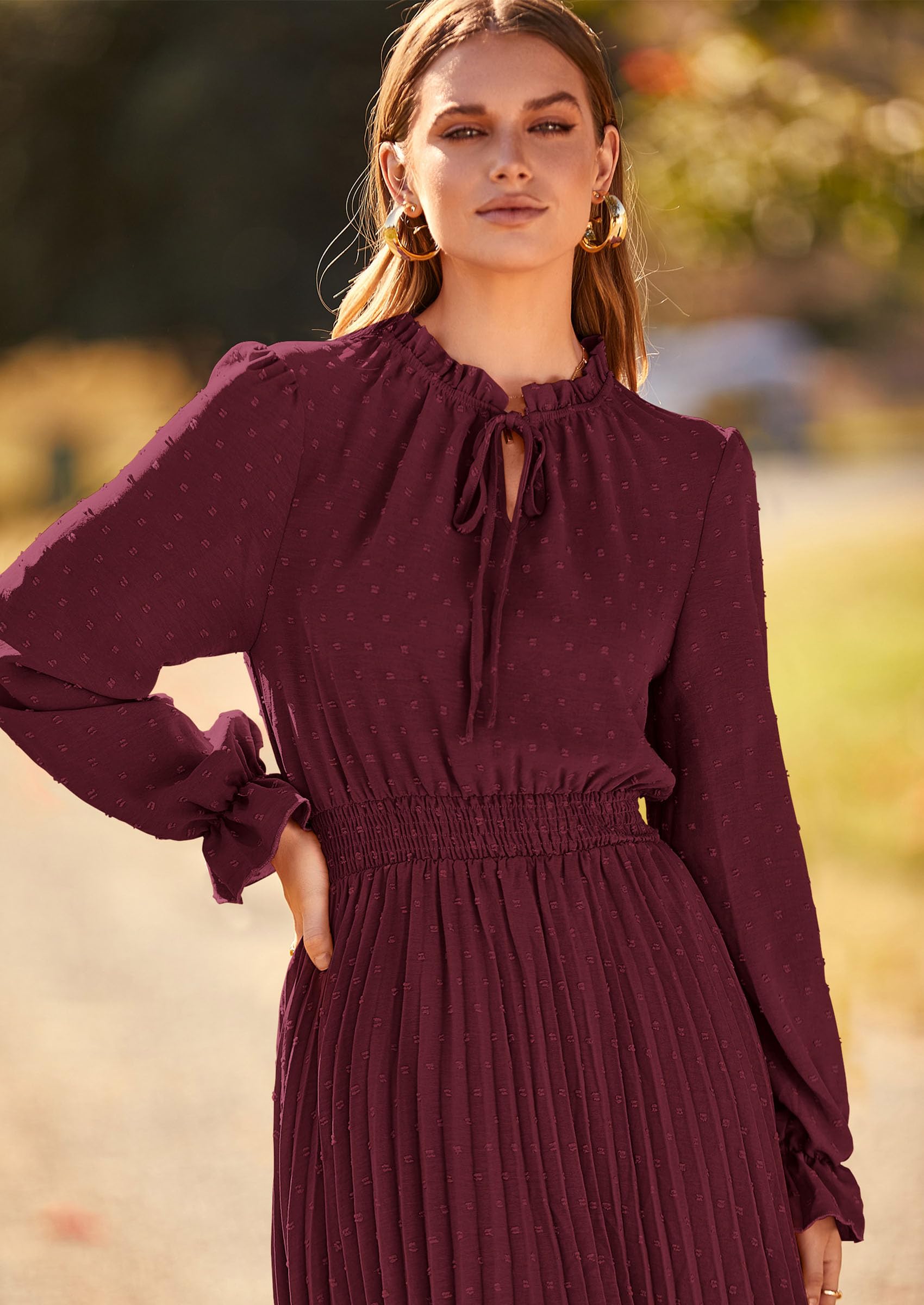 PRETTYGARDEN Women's Spring Fall Midi Dress Casual Long Sleeve V Neck Swiss Dot Pleated A Line Flowy Dresses