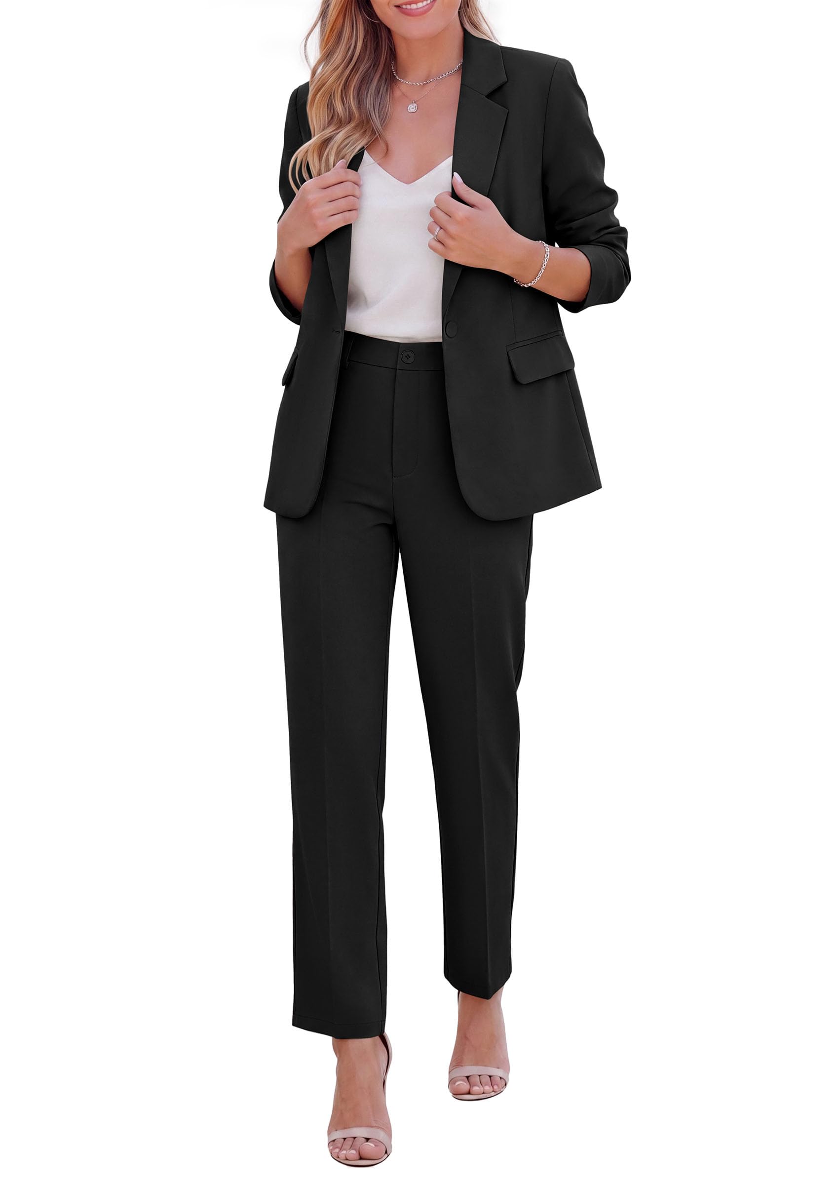 PRETTYGARDEN Two Piece Sets for Women Dressy Pant Suits Lapel Blazer,Straight Leg Dress Pants,Professional Interview Suit Set,Business Casual Outfits,Office Work Clothes,Fall Winter