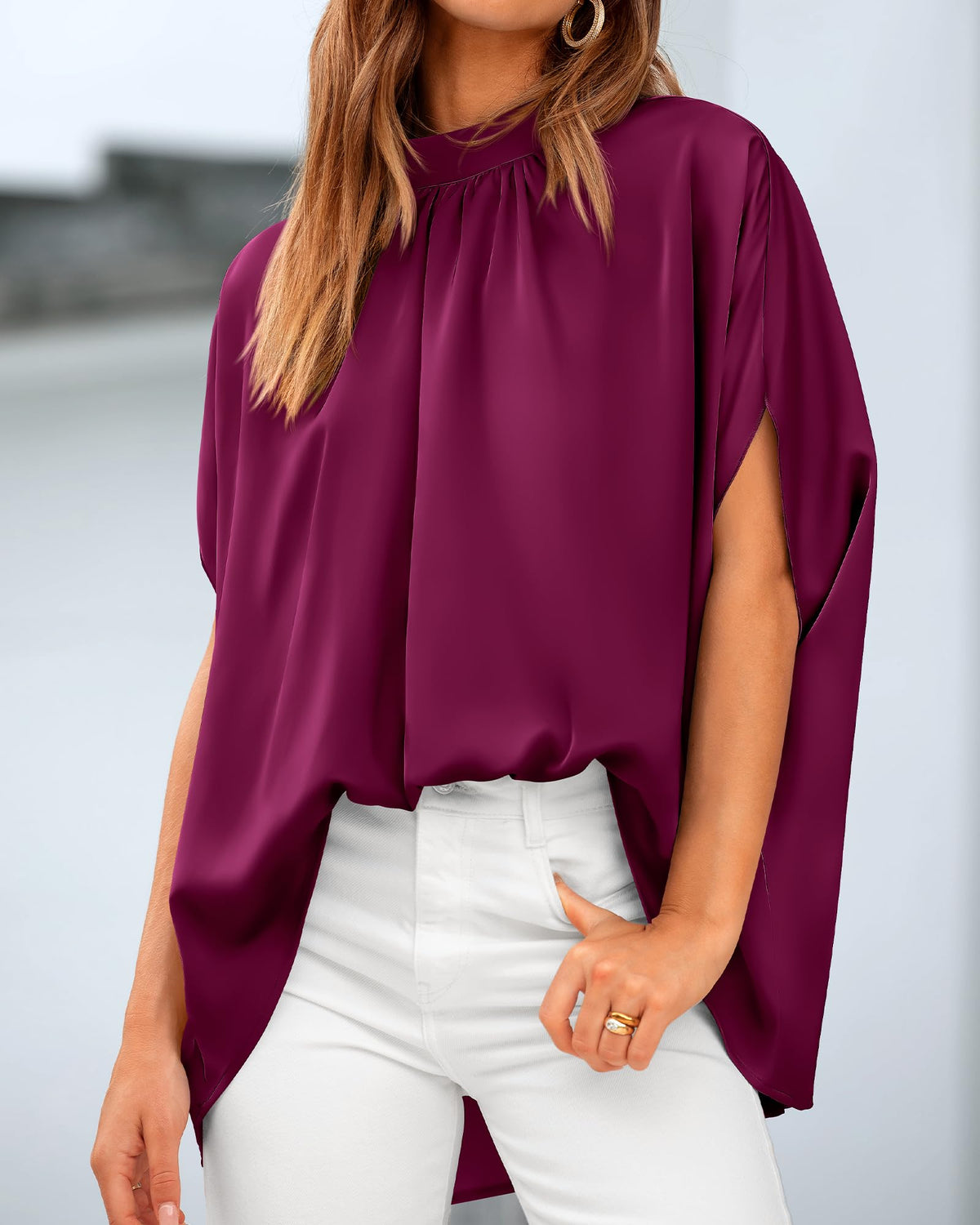 BTFBM Womens Summer Tops Mock Neck Batwing Sleeve Silk Satin Shirts Loose Oversized Dressy Casual Spring Blouses