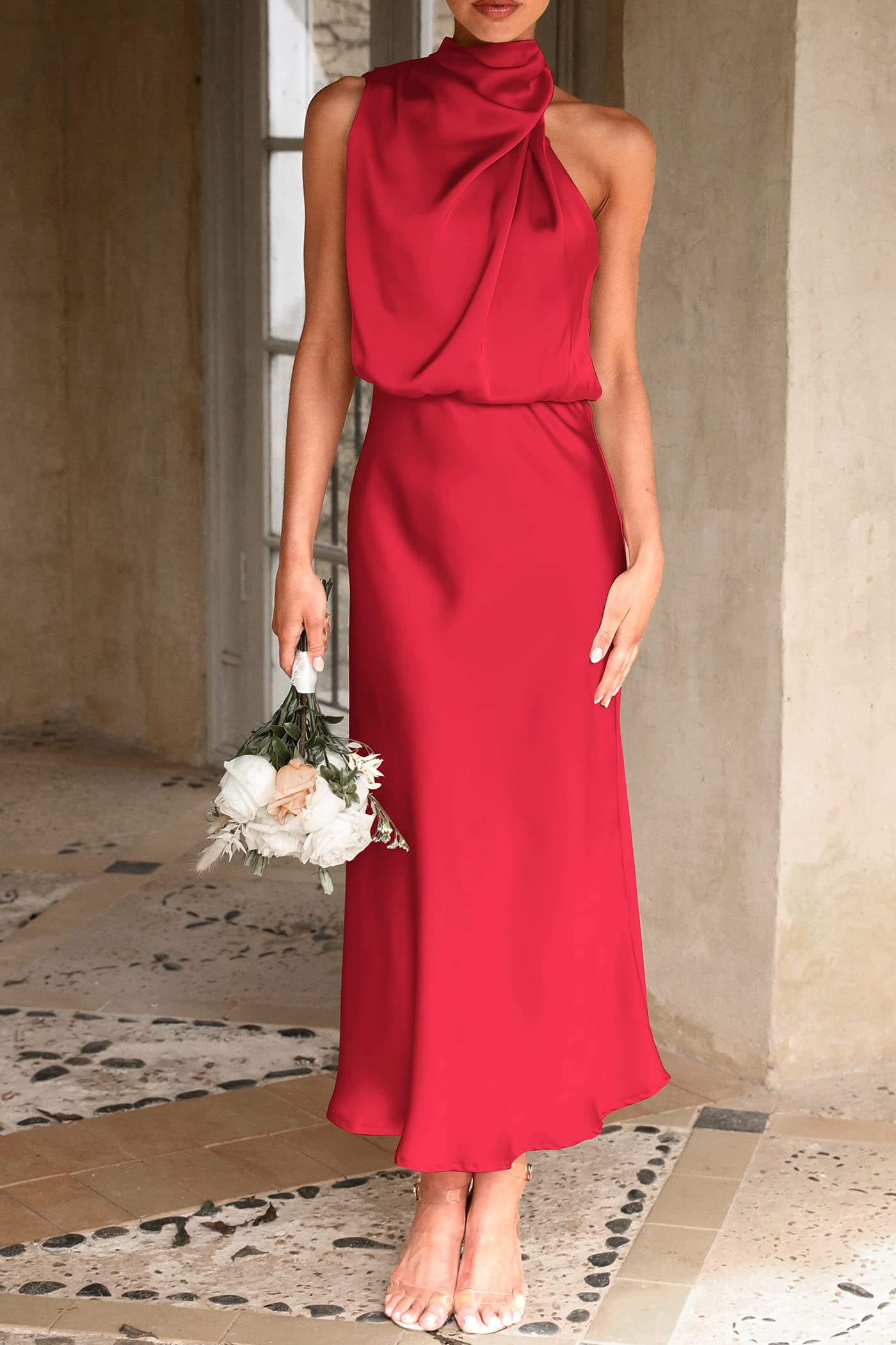 PRETTYGARDEN Women's Summer Satin Dress Elegant Sleeveless Mock Neck Cocktail Party Maxi Dresses