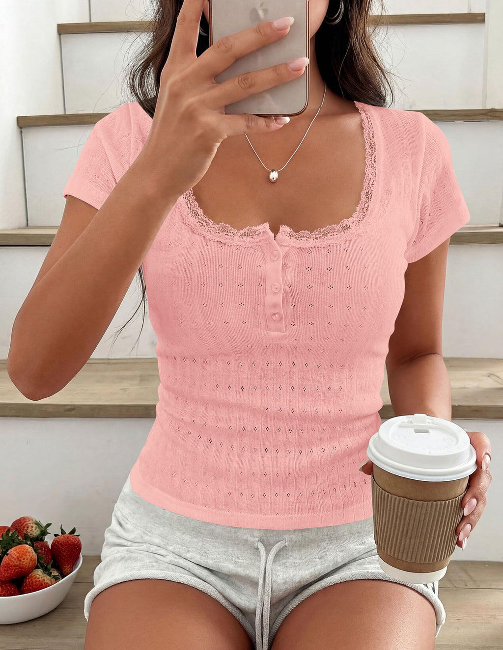 PRETTYGARDEN Summer Tops for Women Short Sleeve Lace Trim Slim Fitted Henley Tee Shirts Y2K Fashion Clothing