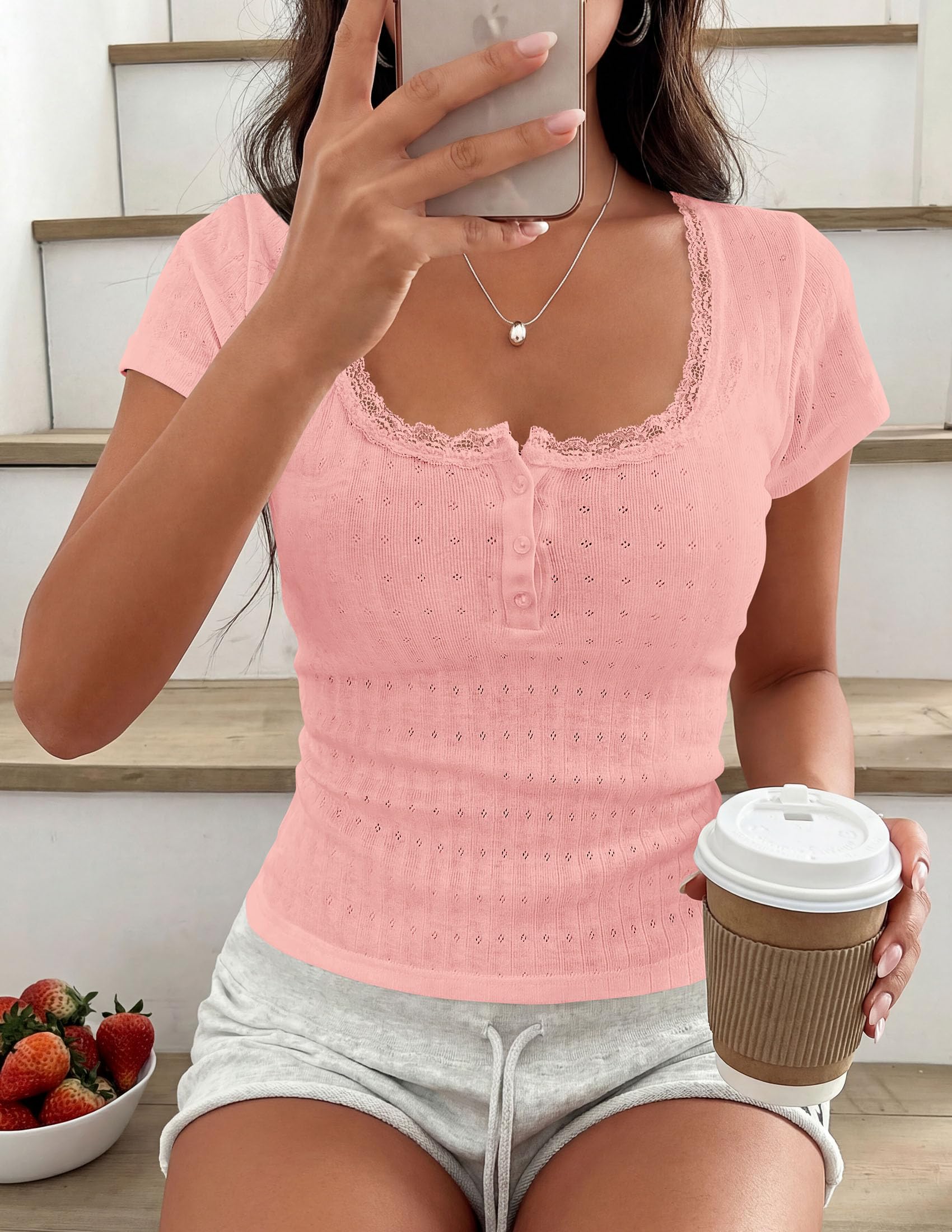 PRETTYGARDEN Summer Tops for Women Short Sleeve Lace Trim Slim Fitted Henley Tee Shirts Y2K Fashion Clothing