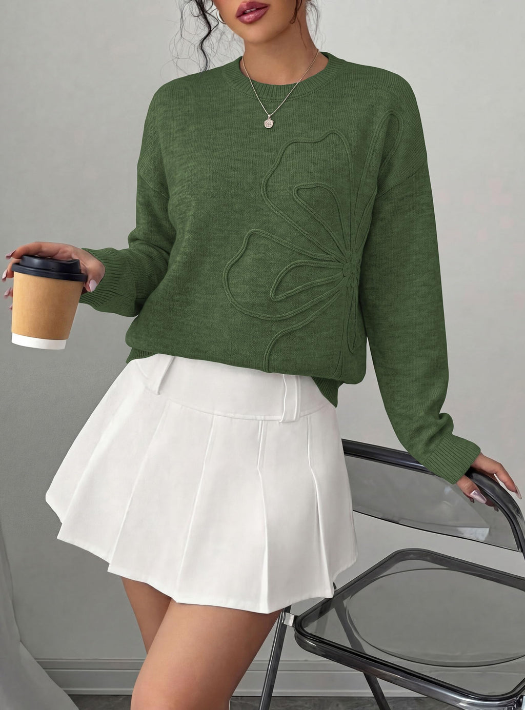 PRETTYGARDEN Women Fall Sweaters Trendy Floral Knit Pullover | Flower Embroidered Tops, Crew Neck, Soft Long Sleeve Shirts, Cozy Winter Layering Clothes for Casual Outing, Holiday Party