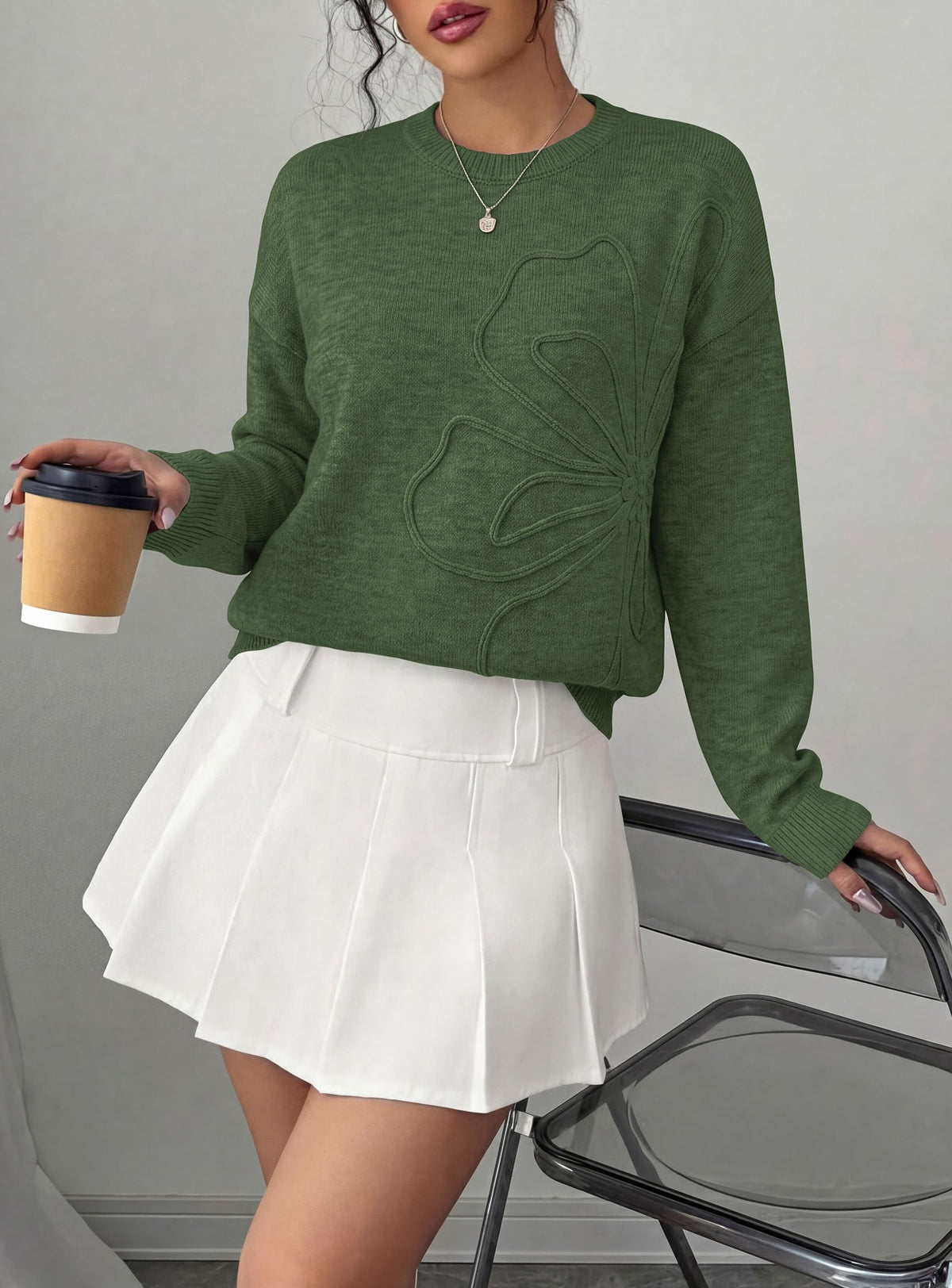 PRETTYGARDEN Women Fall Sweaters Trendy Floral Knit Pullover | Flower Embroidered Tops, Crew Neck, Soft Long Sleeve Shirts, Cozy Winter Layering Clothes for Casual Outing, Holiday Party