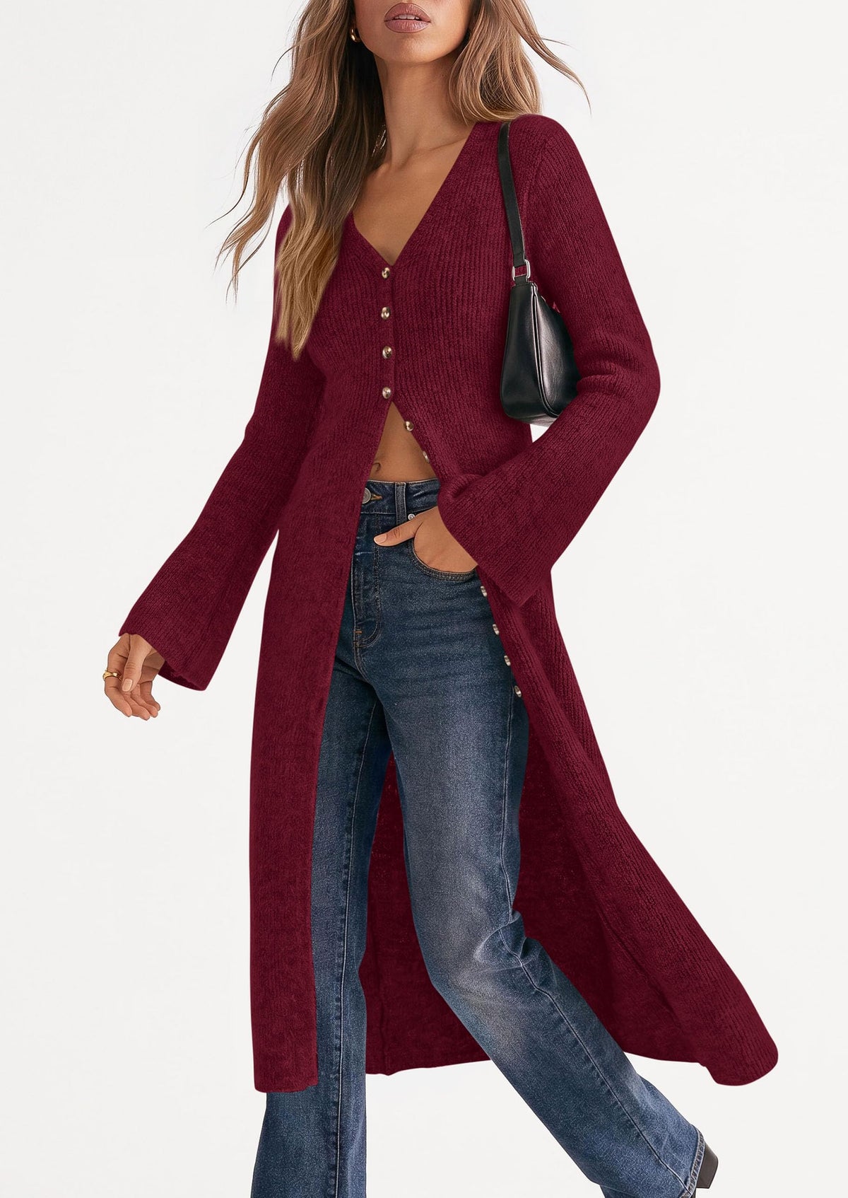 PRETTYGARDEN Women Long Cardigan Bell Sleeve Sweater Dress Early Fall Fashion, V Neck Button Down Coats, Fit and Flare, Duster Sweater, Acrylic Cotton Blend