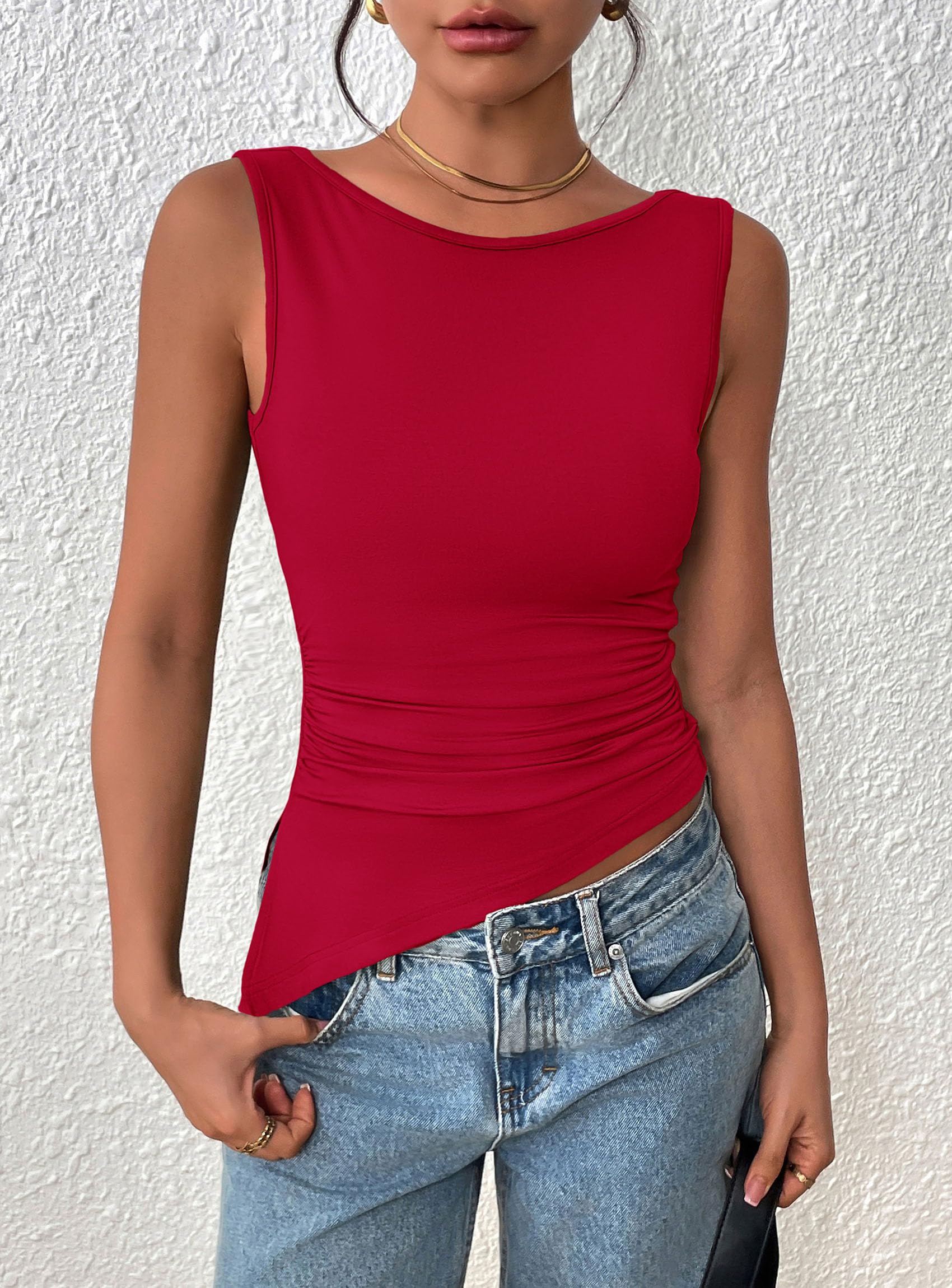PRETTYGARDEN Womens Ruched Tank Tops  Summer Sleeveless Slim Fit T Shirts Blouses Going Out Y2K Fashion Clothes