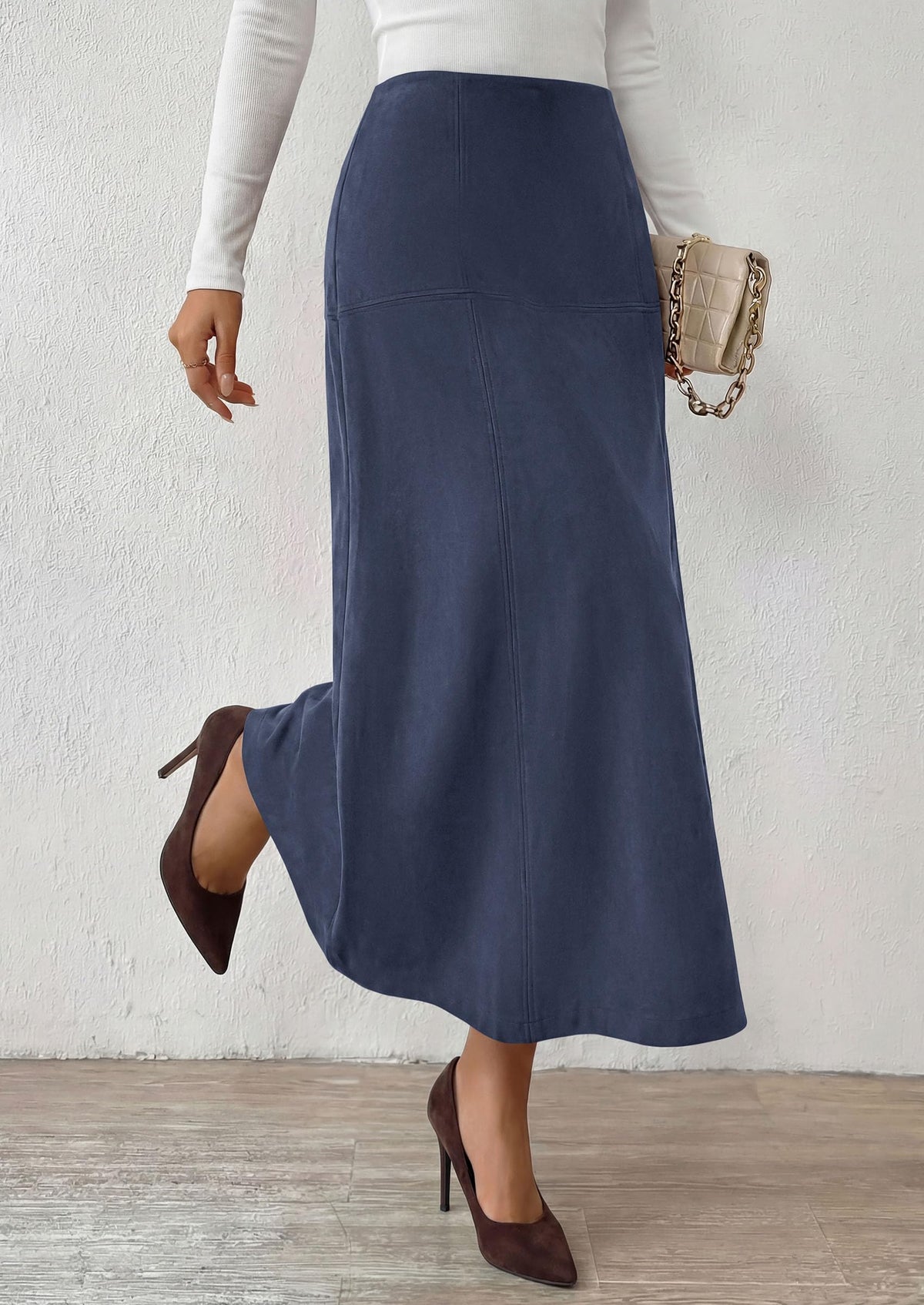 PRETTYGARDEN Womens High Waist Faux Suede A Line Midi Skirt | Hidden Stretch Elastic Waist, Front Back Panel Stitching, Vintage Elegant Mid-Calf Long Skirts for Fall Winter Office Daily