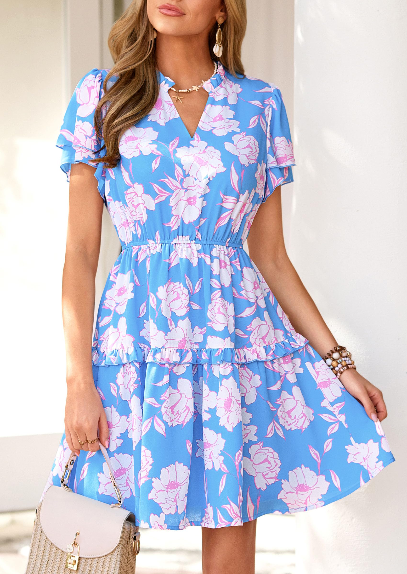 PRETTYGARDEN Womens Summer Floral Mini Dress  Trendy Ruffle Short Sleeve V Neck Flowy A Line Short Beach Dresses