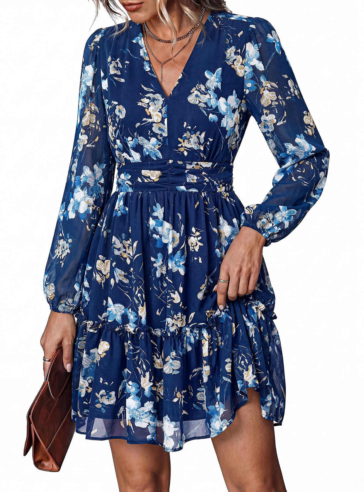 PRETTYGARDEN Women Floral Long Sleeve Mini Dress | Fall Wedding Guest Dresses, V Neck, Fit & Flare, Ruffle Hem A-Line, Short Chiffon Dress, Elegant Holiday Party, Date Outfits