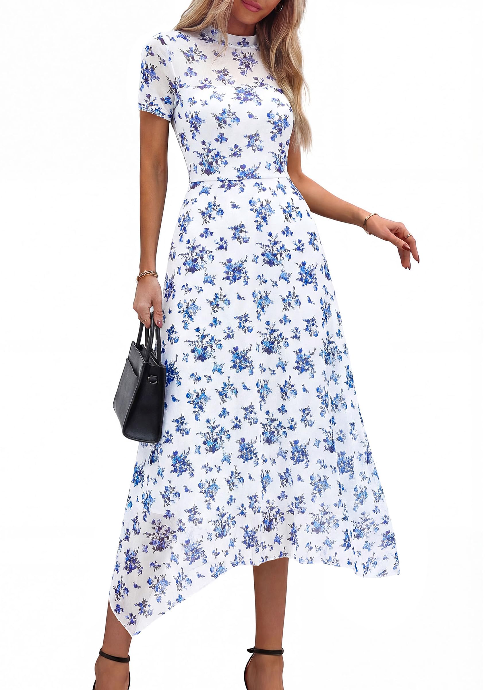 PRETTYGARDEN Cocktail Dresses for Women  Summer Short Sleeve Floral Mesh Sheer Midi Party Wedding Guest Dress