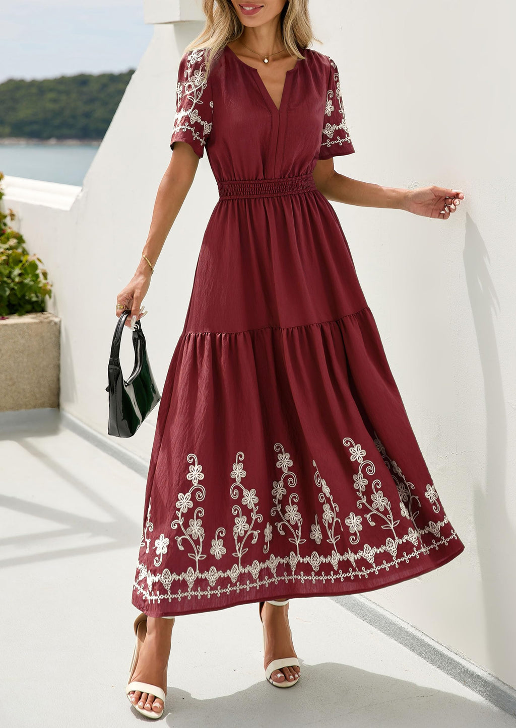 PRETTYGARDEN Women's Summer Boho Maxi Dress Spring Floral Short Sleeve V Neck A Line Flowy Beach Wedding Guest Dresses
