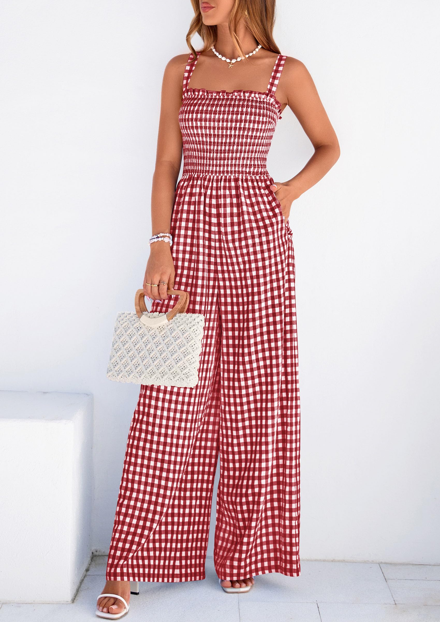 PRETTYGARDEN One Piece Jumpsuits for Women Casual Summer Cruise Outfits  Spring Fashion Smocked Wide Leg Gingham Rompers