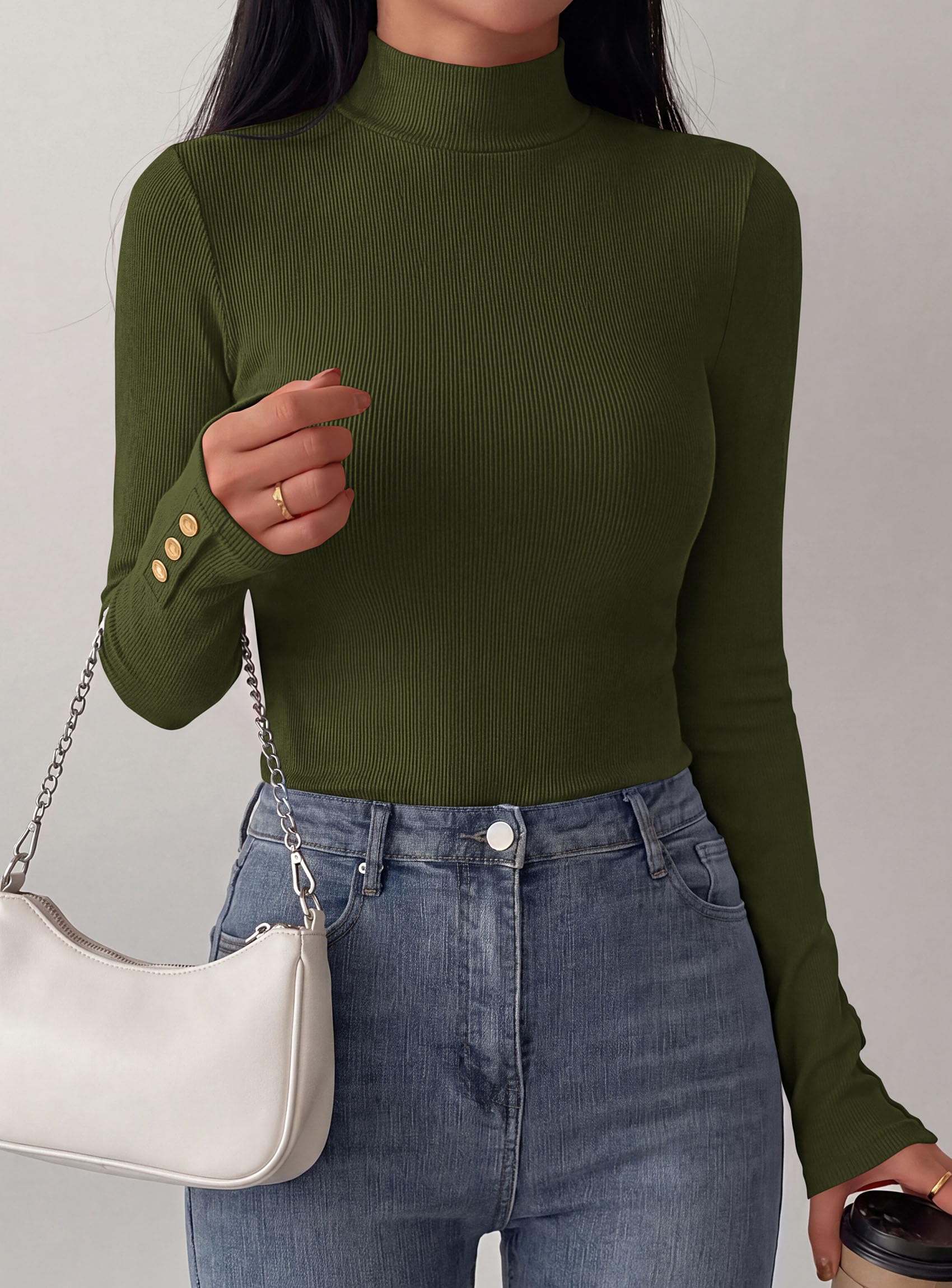 PRETTYGARDEN Women's Ribbed Mock Neck Long Sleeve Tops | Slim Fitted T-Shirts, Soft Stretch, Decorative Buttons, Going Out Work Casual Wear, Fall Outfits Layering Winter Clothes