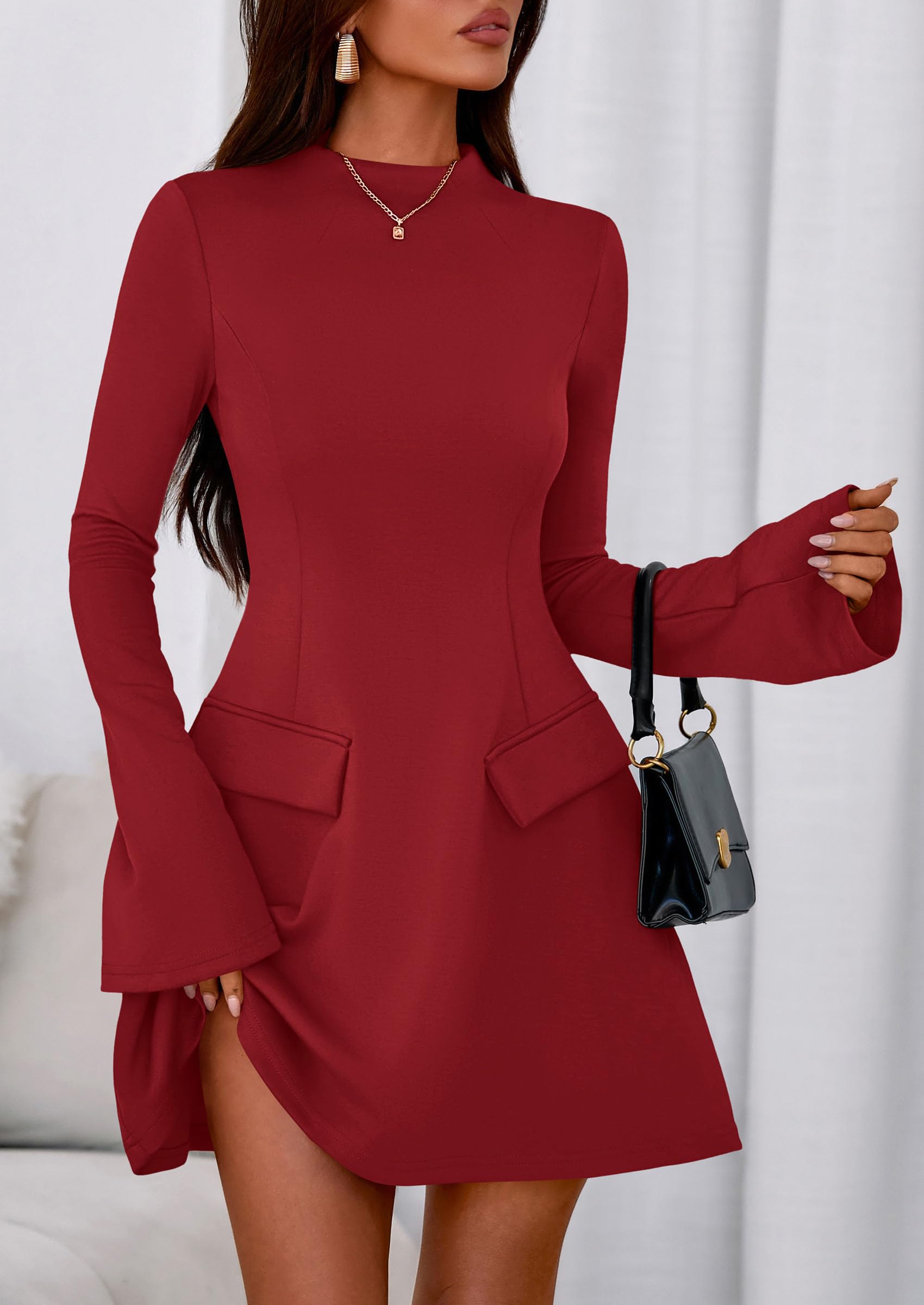 PRETTYGARDEN Women's Elegant Holiday Short Dress  Fall Bell Long Sleeve Mock Neck Work Business Casual Party Mini Dress