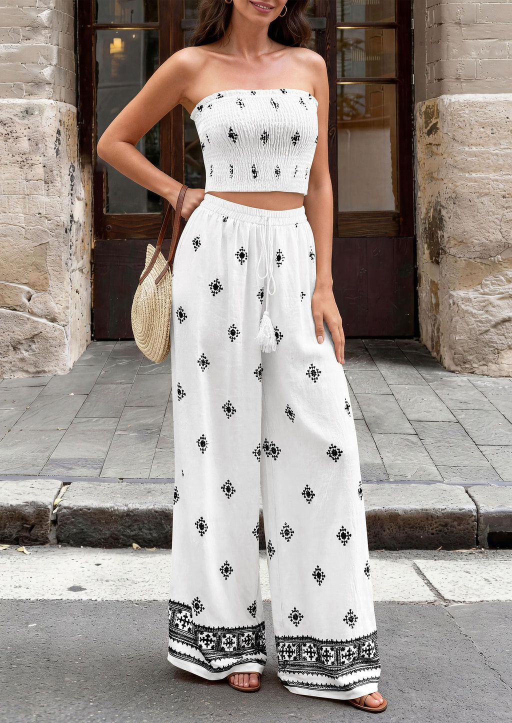 PRETTYGARDEN 2 Piece Sets for Women Summer  Travel Outfits Print Tube Tops Wide Leg Pants Beach Vacation Clothes