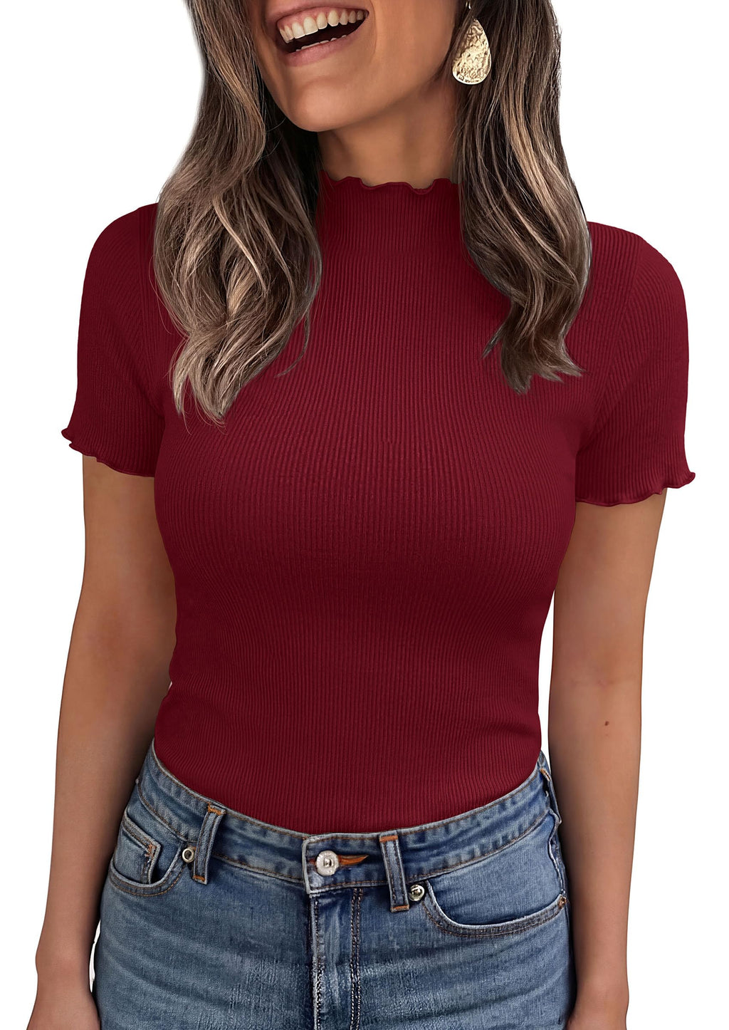 PRETTYGARDEN Short Sleeve T Shirts for Women Summer Clothes  Casual Spring Tops Ruffle Mock Neck Ribbed Fitted Basic Tees