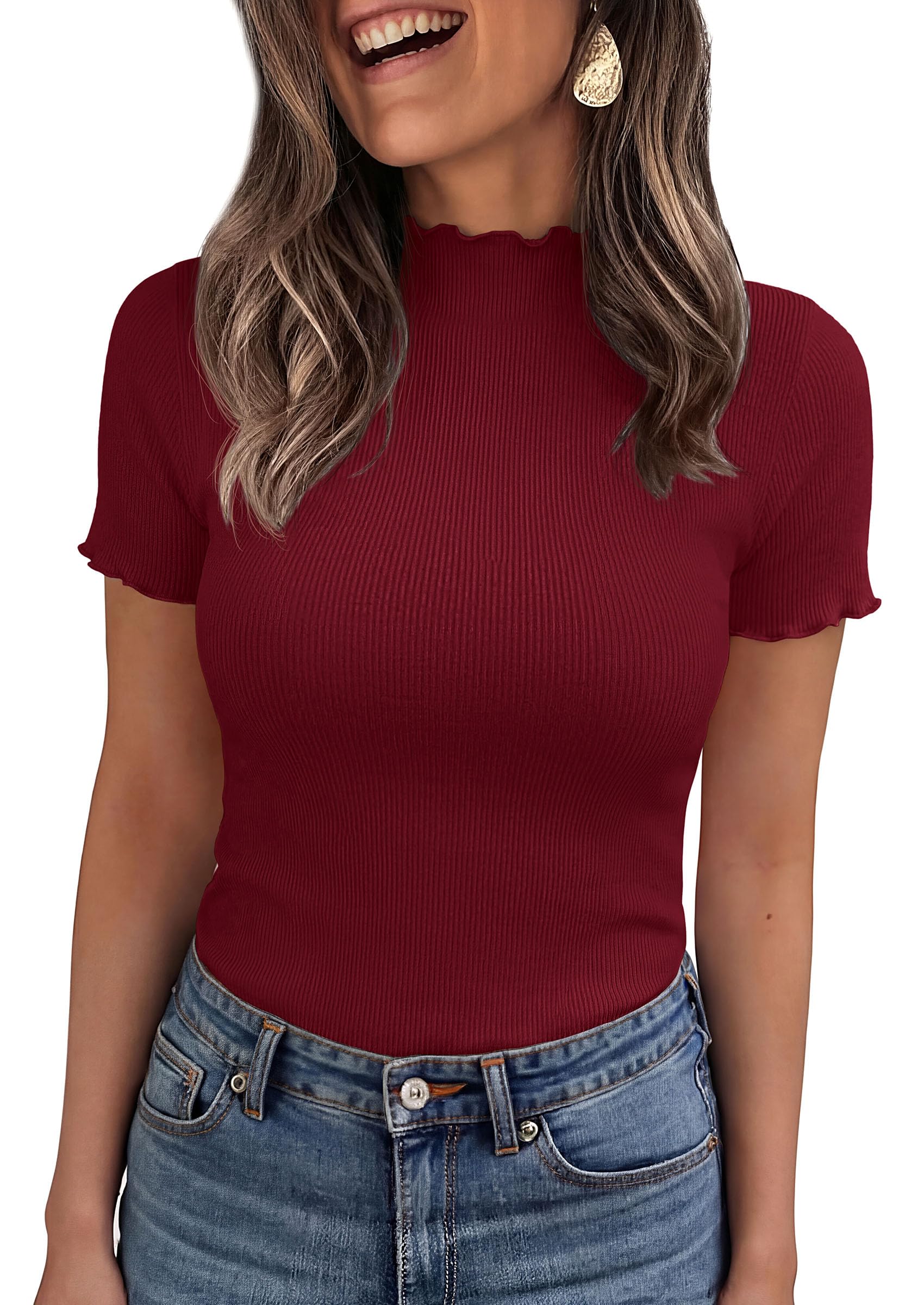 PRETTYGARDEN Short Sleeve T Shirts for Women Summer Clothes  Casual Spring Tops Ruffle Mock Neck Ribbed Fitted Basic Tees