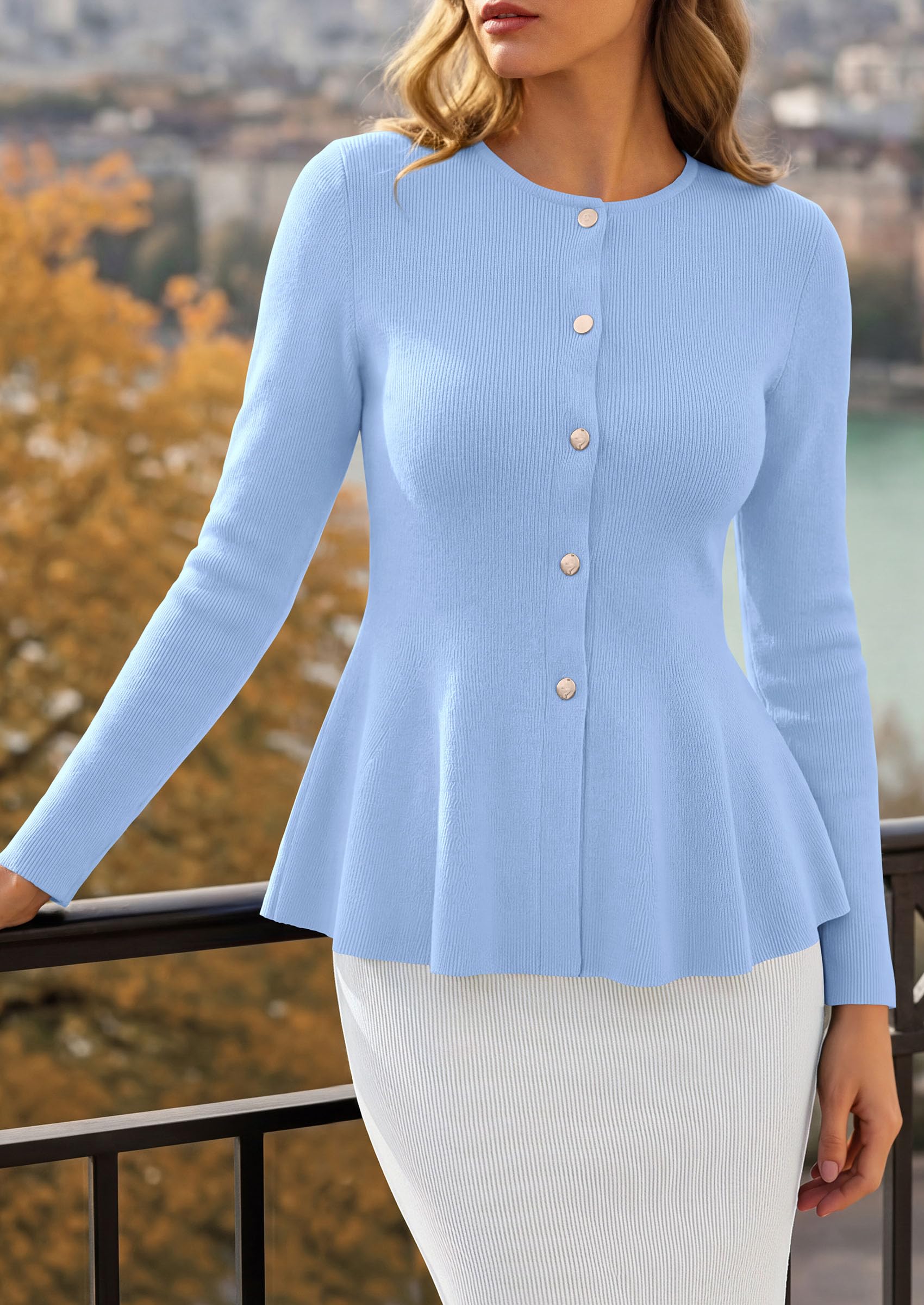 PRETTYGARDEN Women's Fall Lightweight Cardigan Sweaters | Long Sleeve Peplum Tops, Button Up, Slim Fitted, Flared Hem, Soft Ribbed Knit, Business Casual Outfits, Winter Trendy Clothes