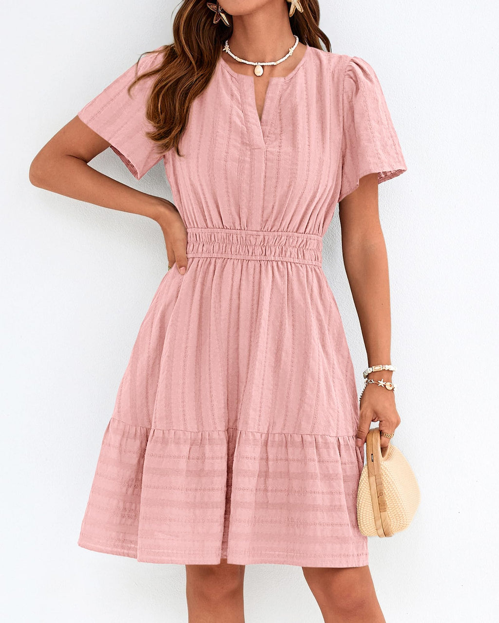 BTFBM Womens Spring  Casual Mini Dresses Lightweight Short Sleeve V Neck Elastic Waist Cute Boho Beach Dress Pockets