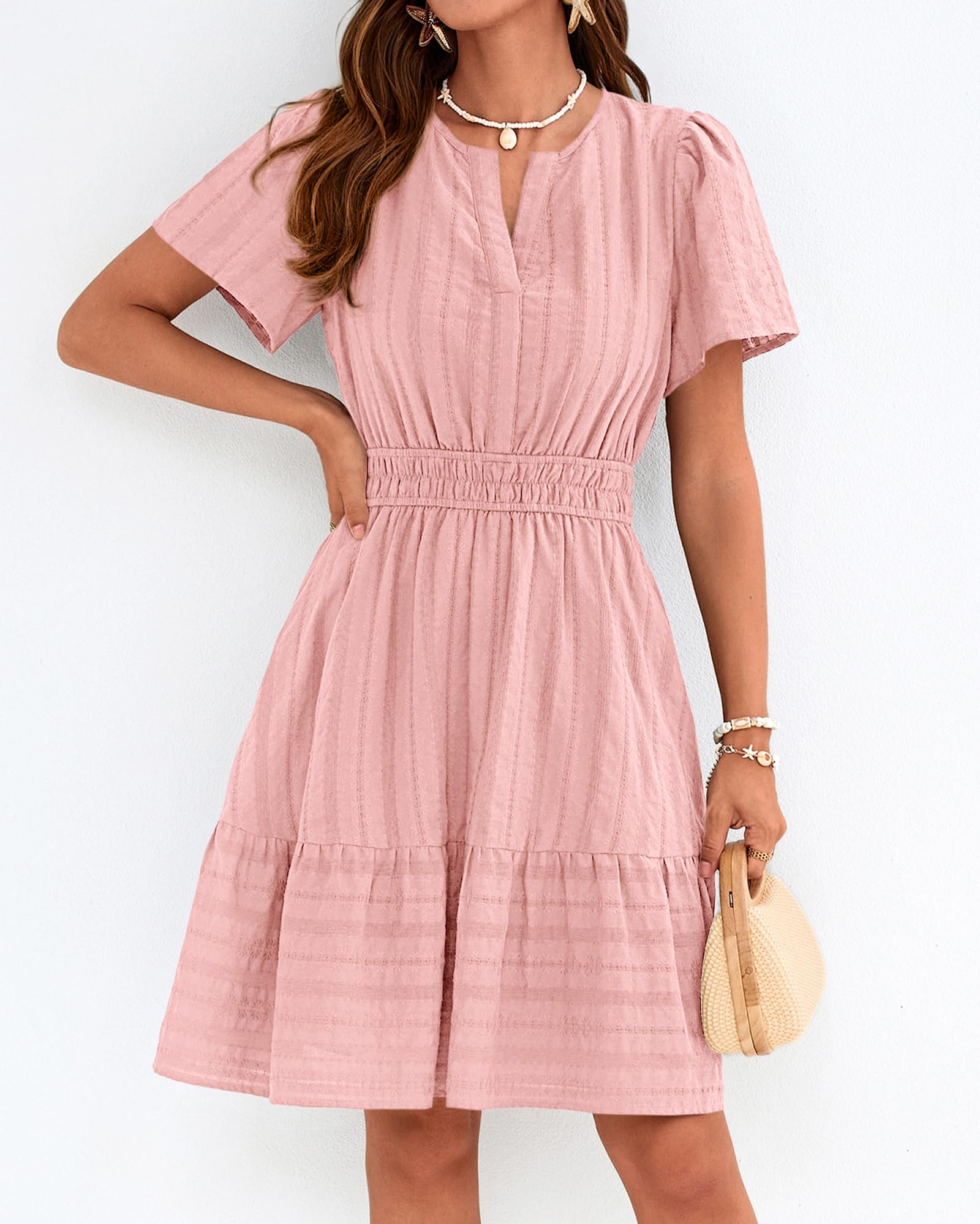 BTFBM Womens Spring  Casual Mini Dresses Lightweight Short Sleeve V Neck Elastic Waist Cute Boho Beach Dress Pockets