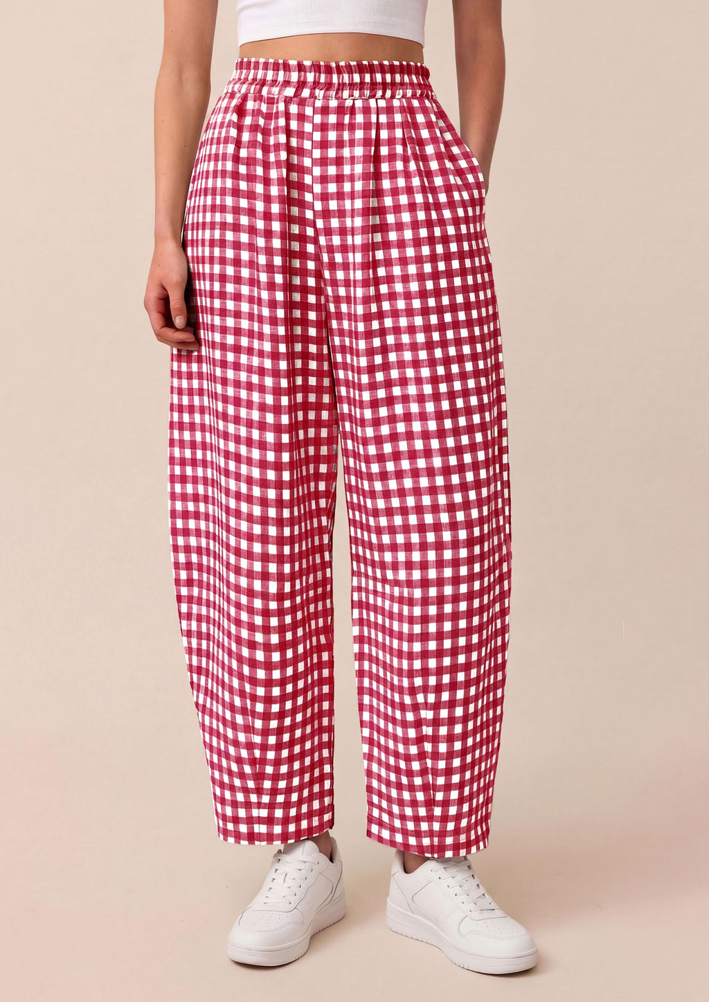 PRETTYGARDEN Plaid Barrel Pants Women Summer Casual Loose Wide Leg Lounge Gingham Trousers Spring Fashion Beach Bottoms