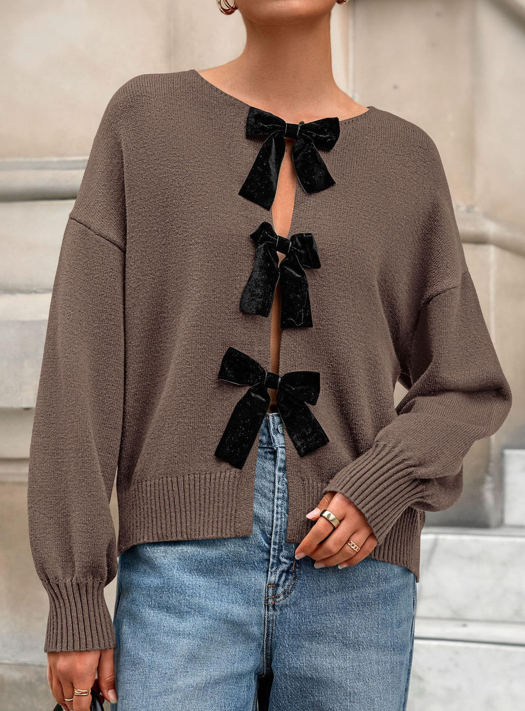 PRETTYGARDEN Cardigan Sweaters for Women Fall Fashion Bow Tie Front Long Sleeve Knit Sweater Tops Cute Winter Clothes