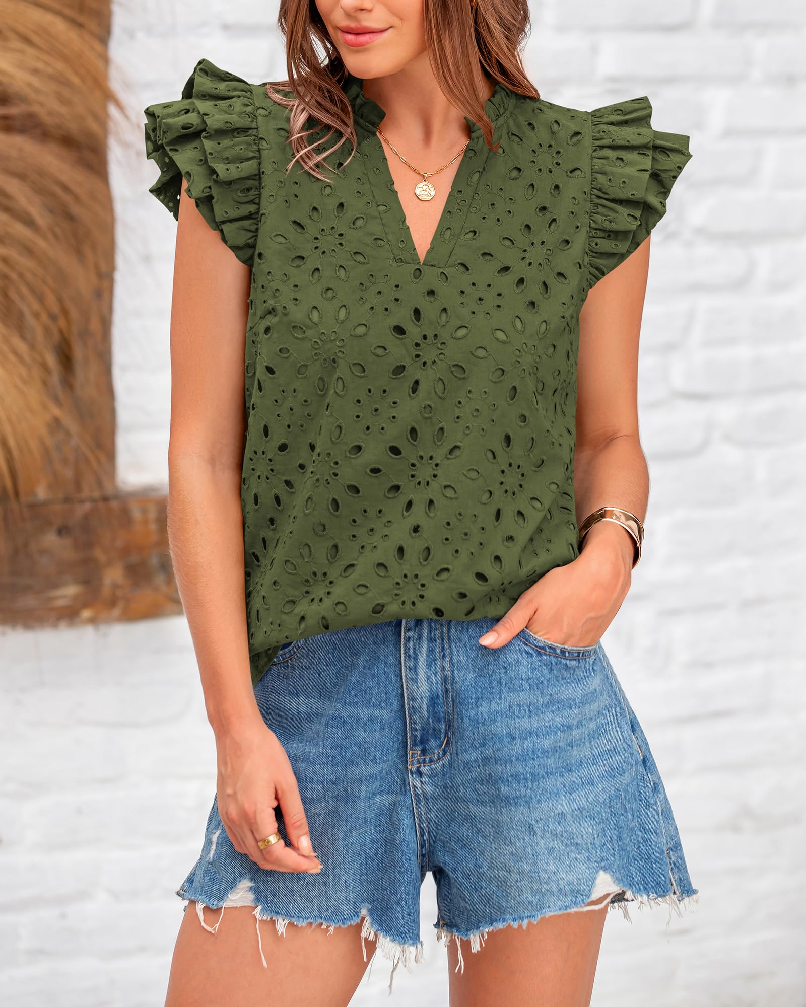 FreshPretty Women Summer Eyelet Tops Dressy Casual V Neck Ruffle Cap Sleeve Cotton Boho Shirts Lace Embroidered Blouses