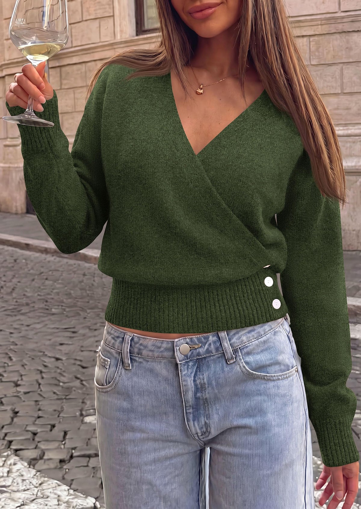 PRETTYGARDEN Women V Neck Wrap Sweater Cropped Tops，Fall Winter Fashion , Business Casual Outfits, Stretchy Soft knit, Wide Ribbed Hem with Side Buttons Pullover Sweaters