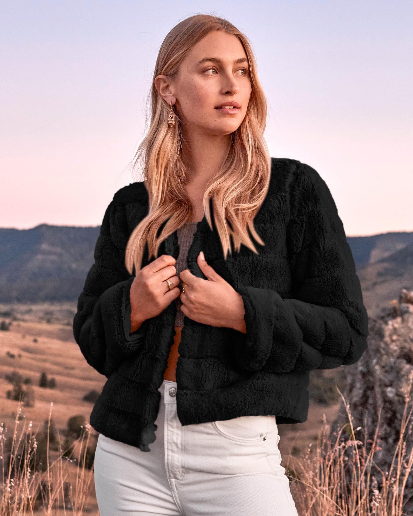 FreshPretty Winter Coats For Women Faux Fur Jacket Soft Long Sleeve Fluffy Open Front Outerwear Fall Outfits