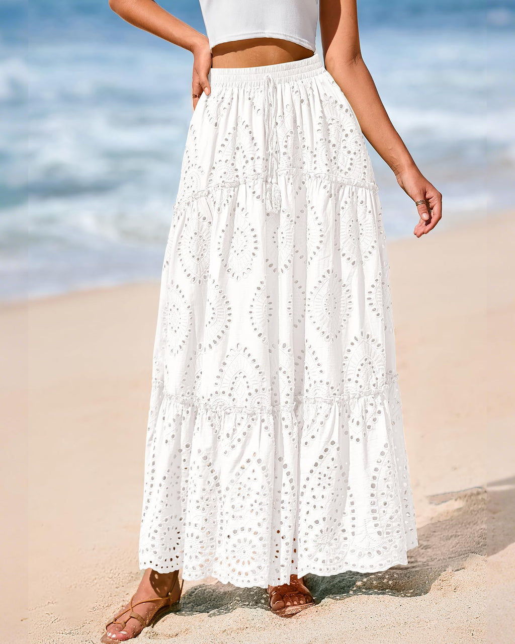 BTFBM Long Skirts for Women Summer Boho Lace Embroidery High Waist Flowy Tiered Spring Maxi Skirt Beach Vacation