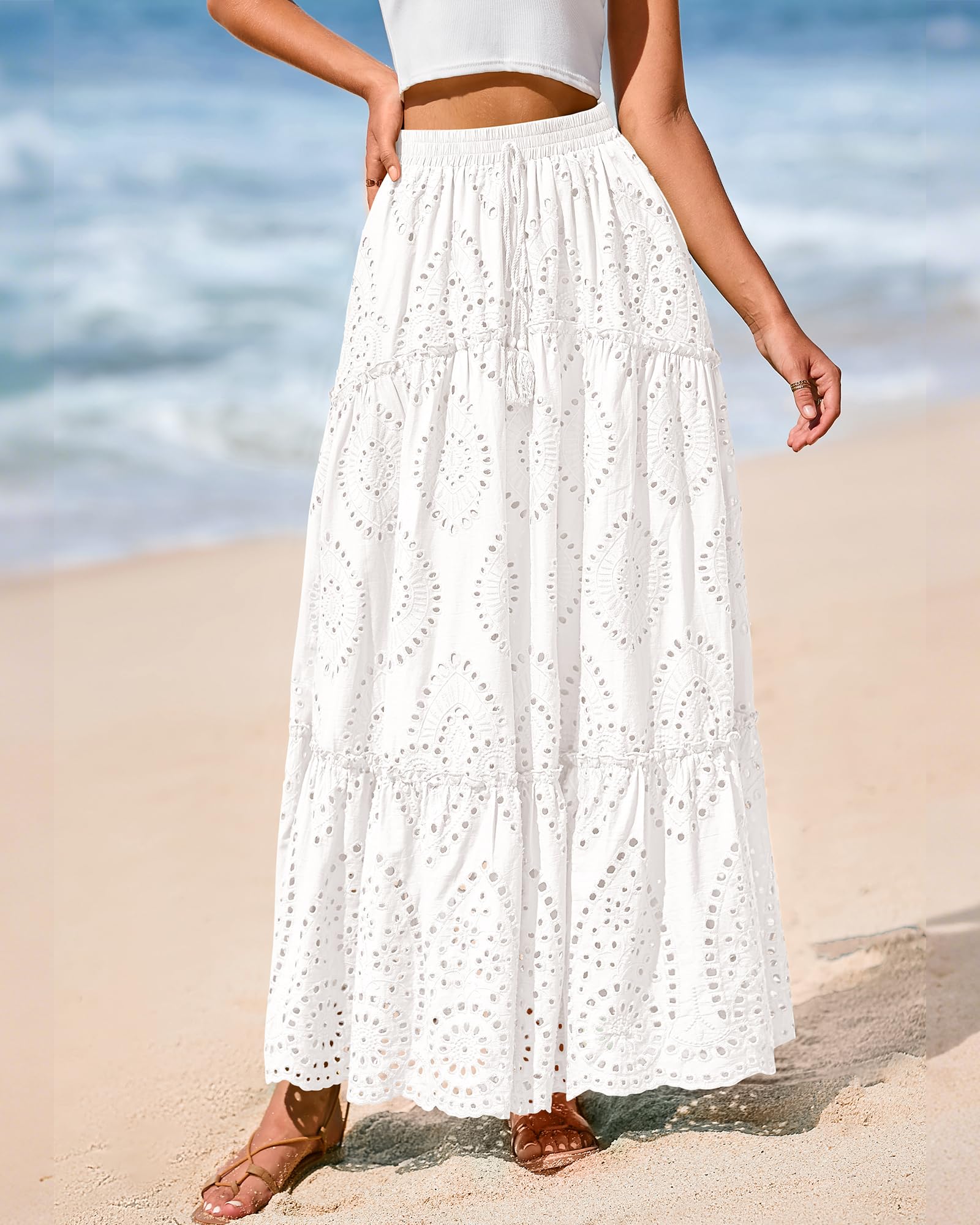 BTFBM Long Skirts for Women Summer Boho Lace Embroidery High Waist Flowy Tiered Spring Maxi Skirt Beach Vacation