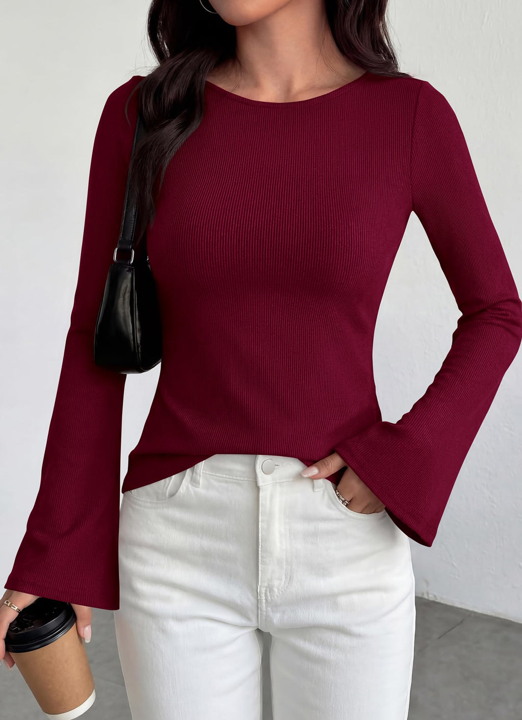 BTFBM Long Sleeve Shirts for Women Spring Y2K Clothes Casual Boat Neck Bell Sleeve Fitted Fall Going Out Tops