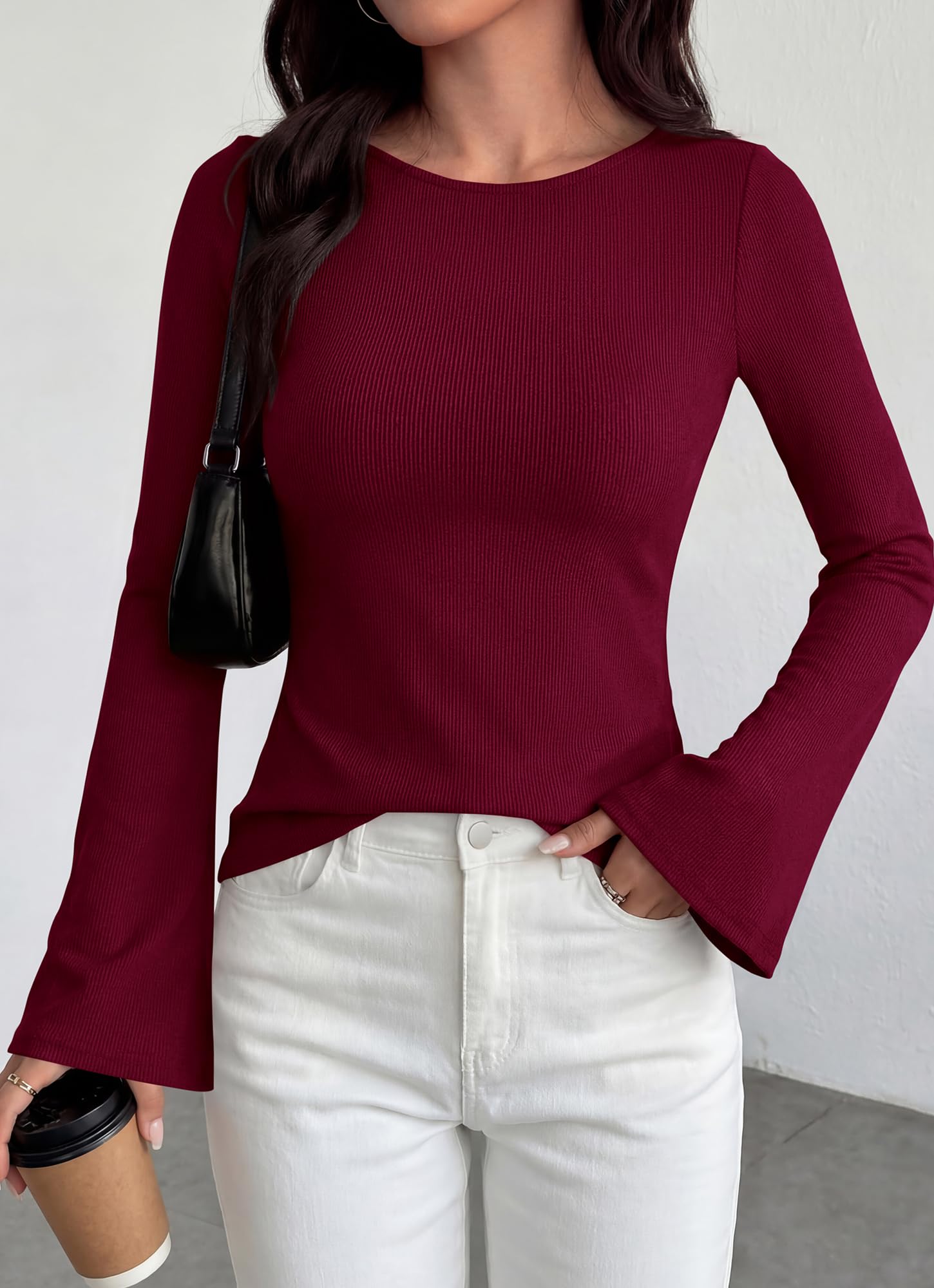 BTFBM Long Sleeve Shirts for Women Spring Y2K Clothes Casual Boat Neck Bell Sleeve Fitted Fall Going Out Tops