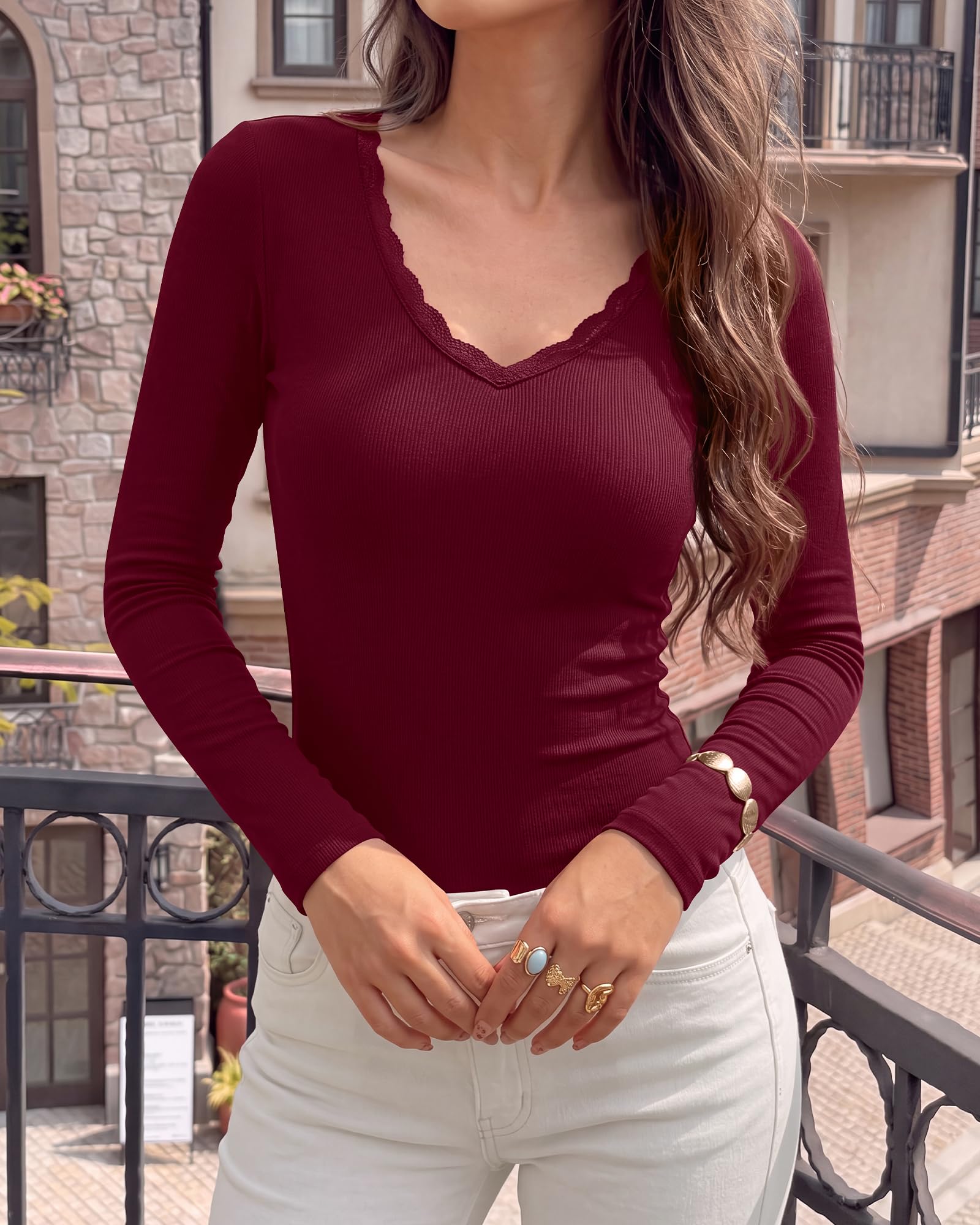 BTFBM Lace Deep V Neck Fitted Long Sleeve Shirts for Women | Womens Fall Fashion, Casual T Shirt, Base Layer, Basic Undershirts, Slim Fit Going Out Tops, Date Night Out Outfits
