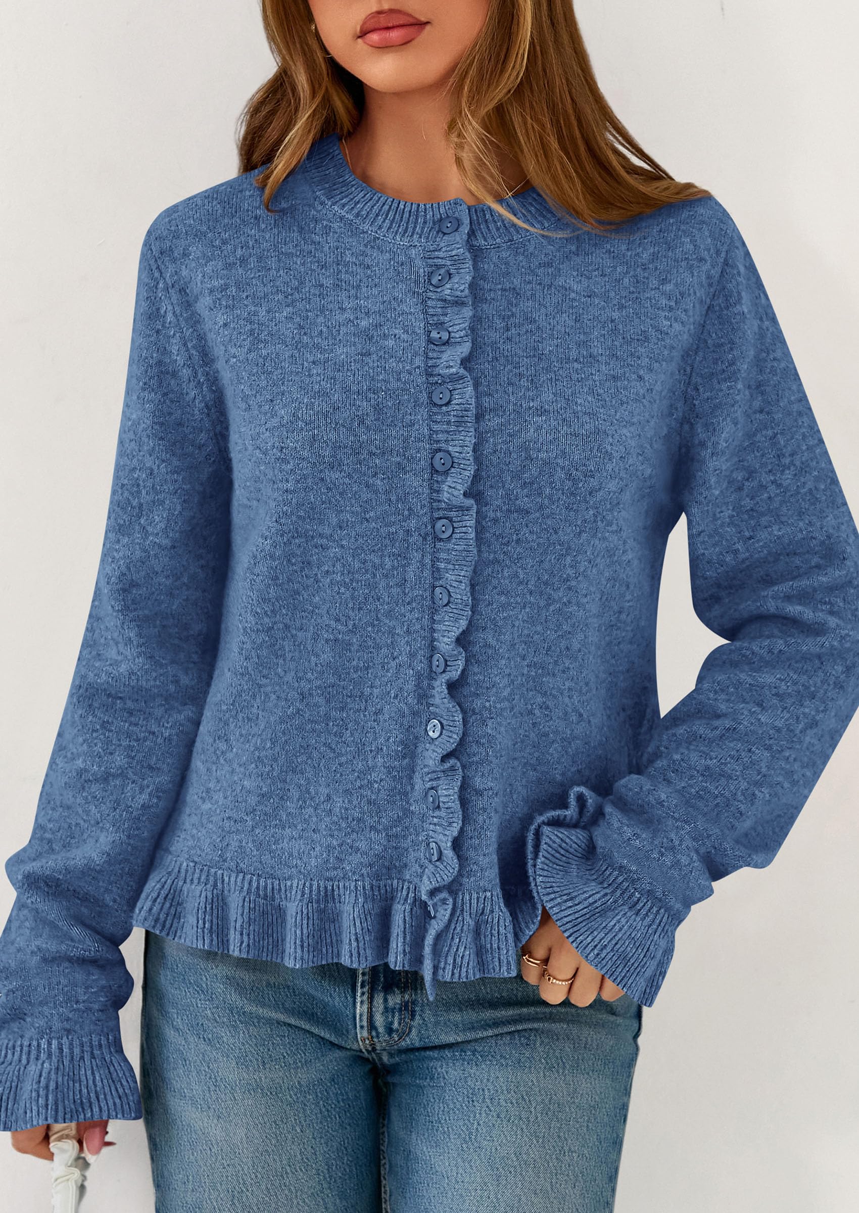 PRETTYGARDEN Womens Fall Button Down Cardigans Chunky Knit Ruffle Open Front Cropped Cardigan Sweaters Soft Long Sleeve Tops