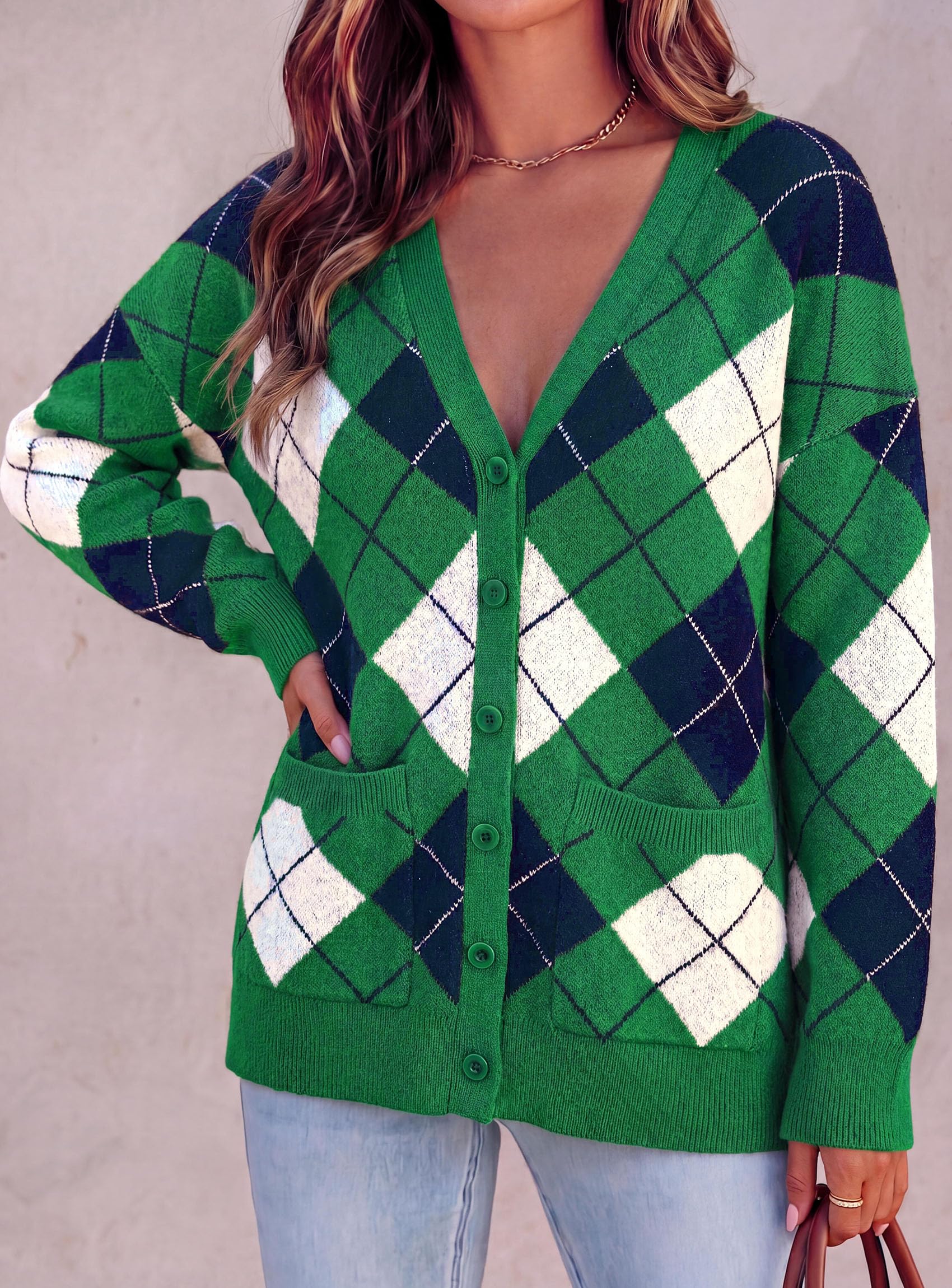 PRETTYGARDEN Women's Cardigan Argyle Winter Sweaters Cozy Warm Chunky Knit, Long Sleeve V Neck, Color Block Plaid, Button Up Pocket,Trendy Fall Jackets, Holiday Going Out Outfits