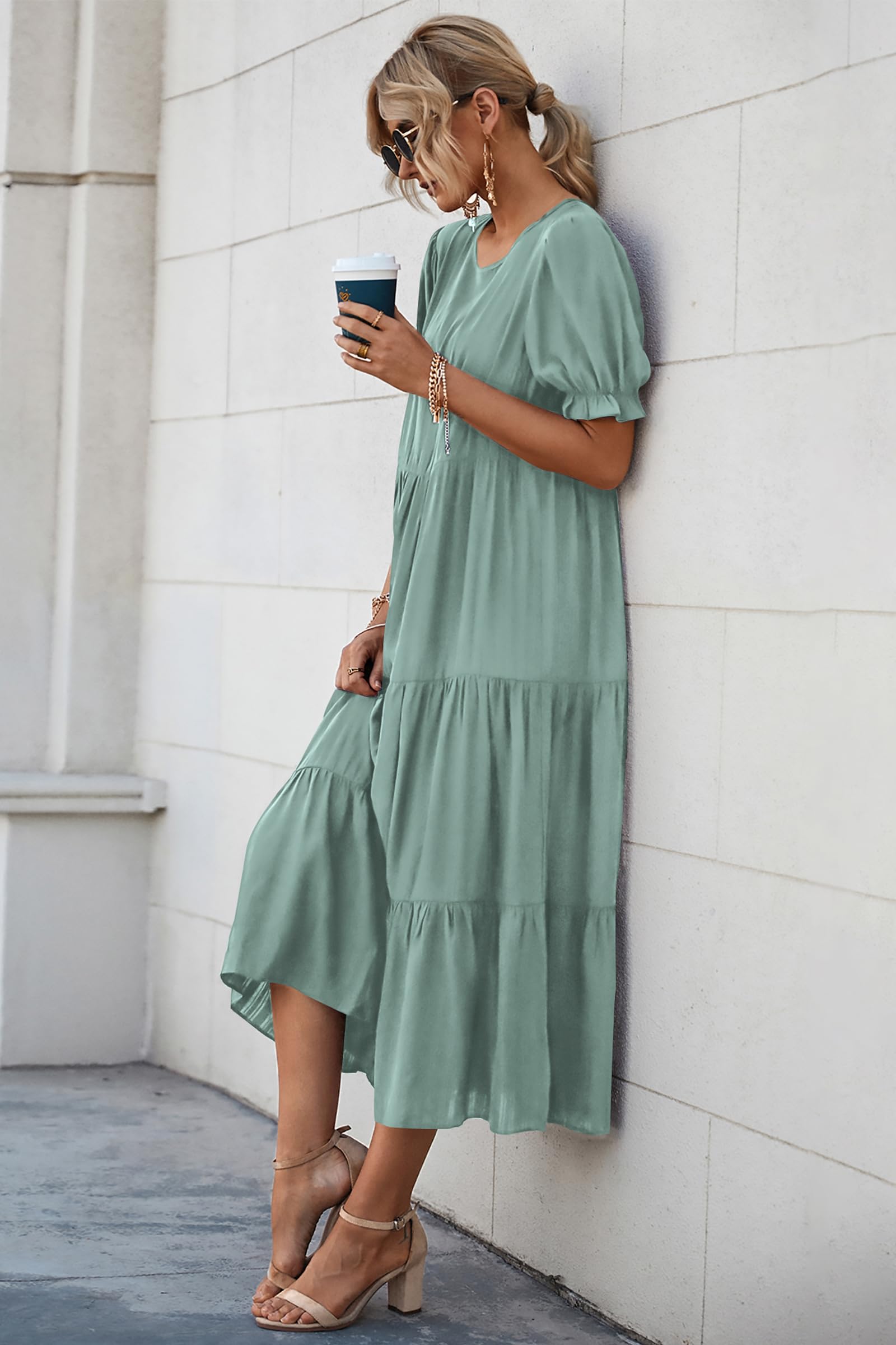PRETTYGARDEN Summer Dresses for Women Casual Floral Boho Midi Sun Dress Puff Short Sleeve Flowy Beach Vacation Sundress