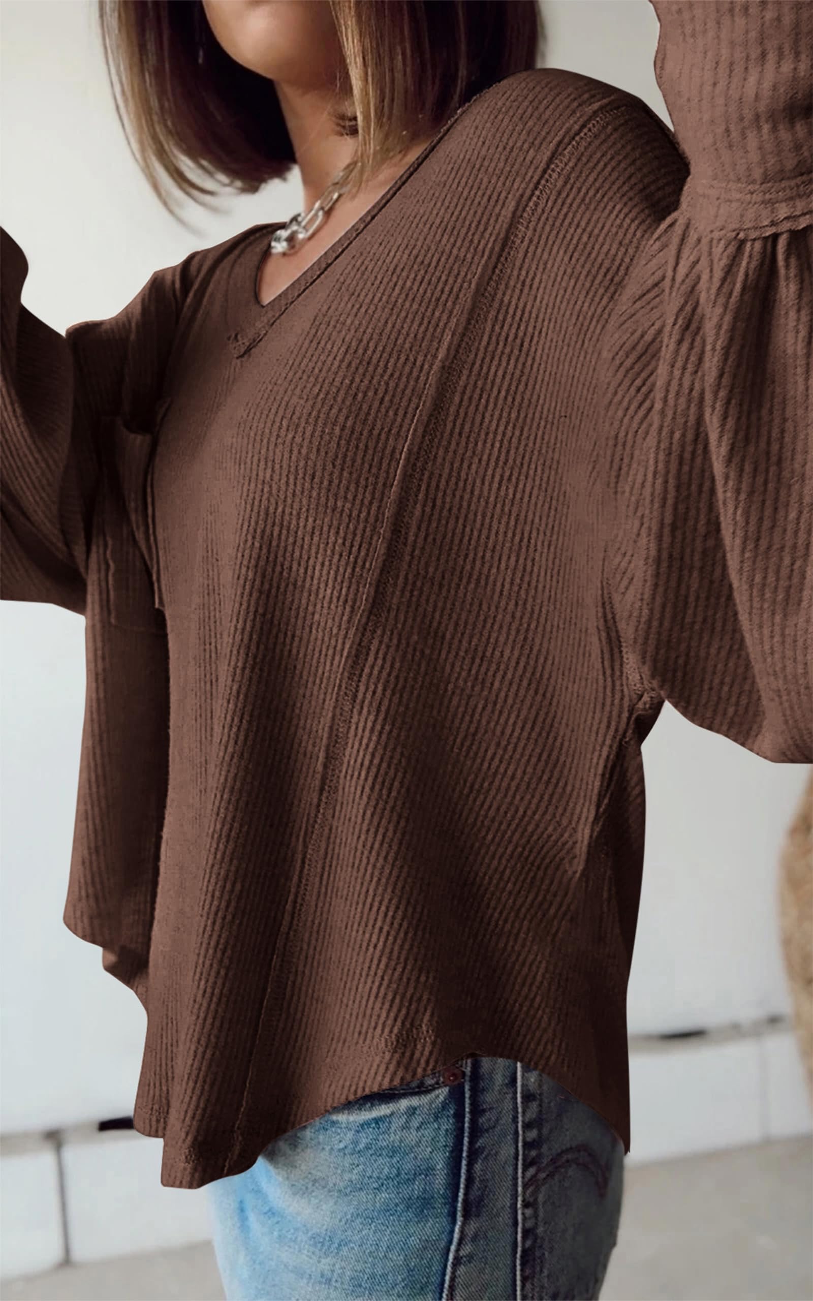 BTFBM Womens Fall Fashion Long Sleeve Shirts Casual V Neck Ribbed Knit Blouses Pullover Trendy Loose Fit Tunic Tops