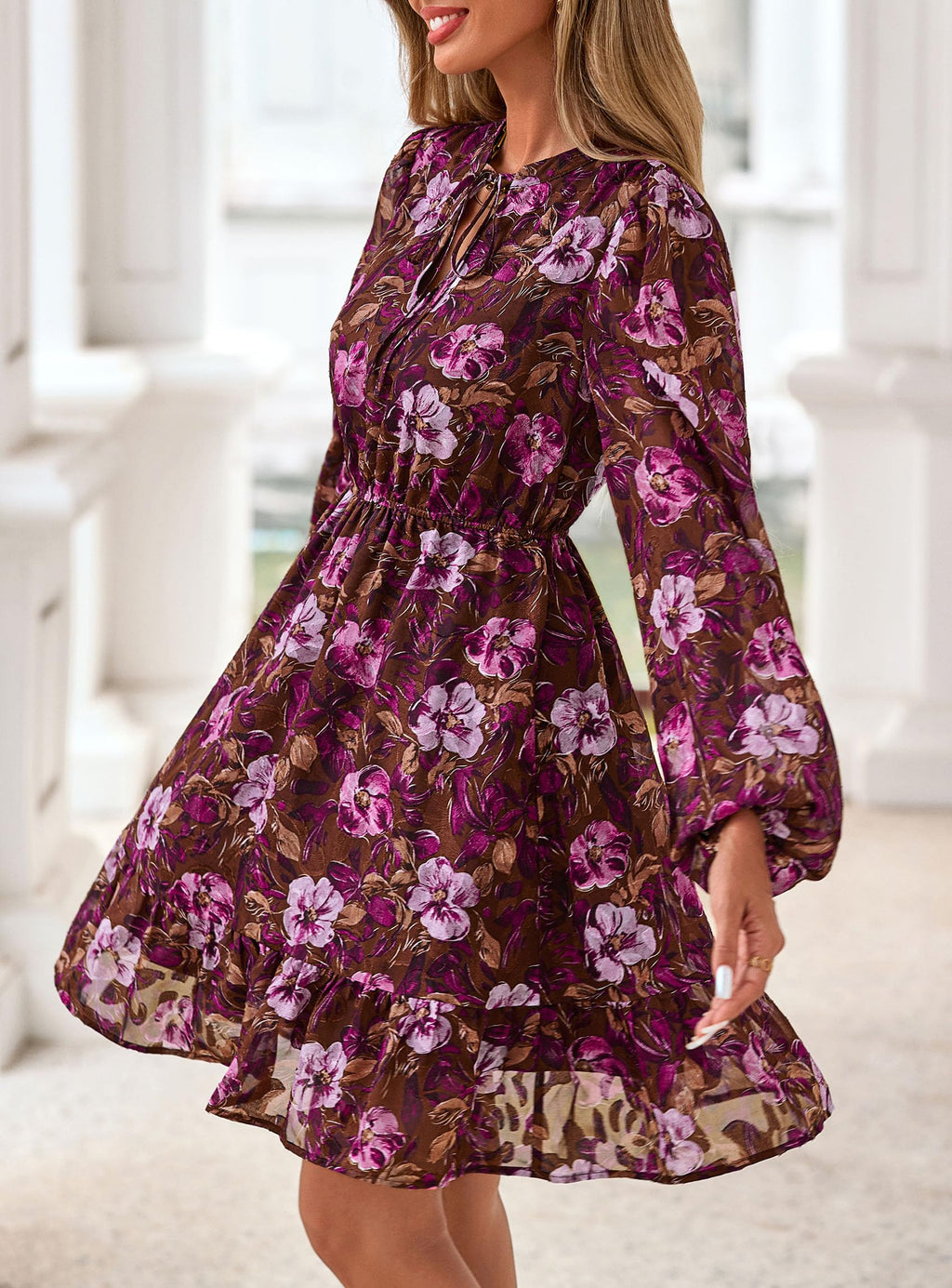 PRETTYGARDEN Women's Fall Boho Dresses  Floral Long Sleeve V Neck Mini Flowy Wedding Guest Dress Trendy Vacation Outfits