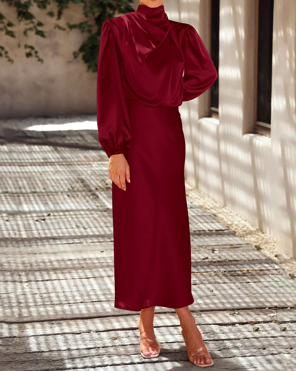 BTFBM Womens Mock Neck Satin Dress Spring Summer Long Sleeve Lightweight Formal Wedding Party Maxi Cocktail Dresses