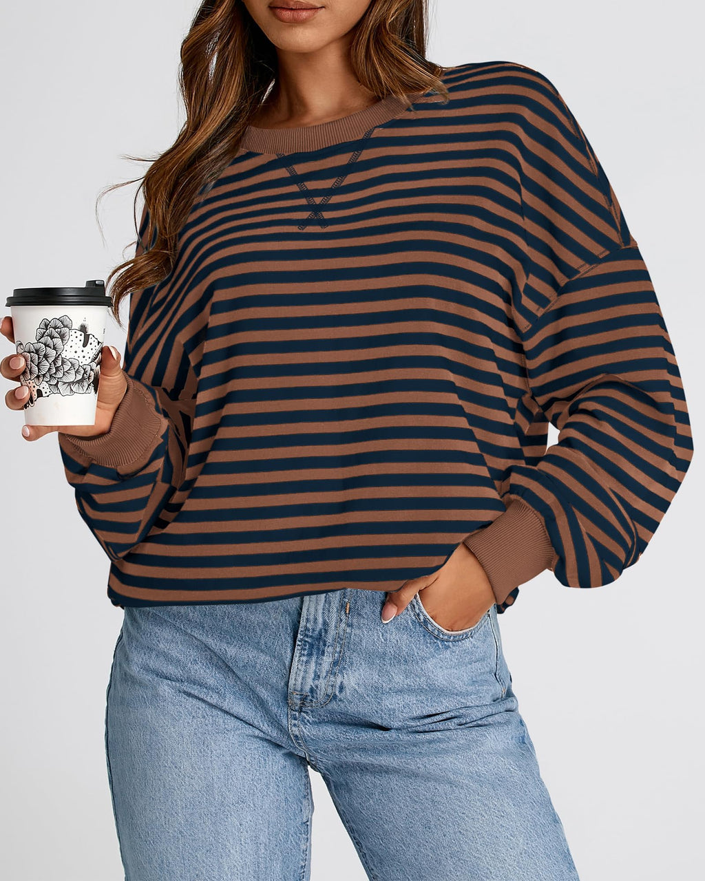 BTFBM Sweatshirt For Women Summer Crewneck Long Sleeve Oversized Striped Pullover Tops Y2K Clothes Workout Shirt