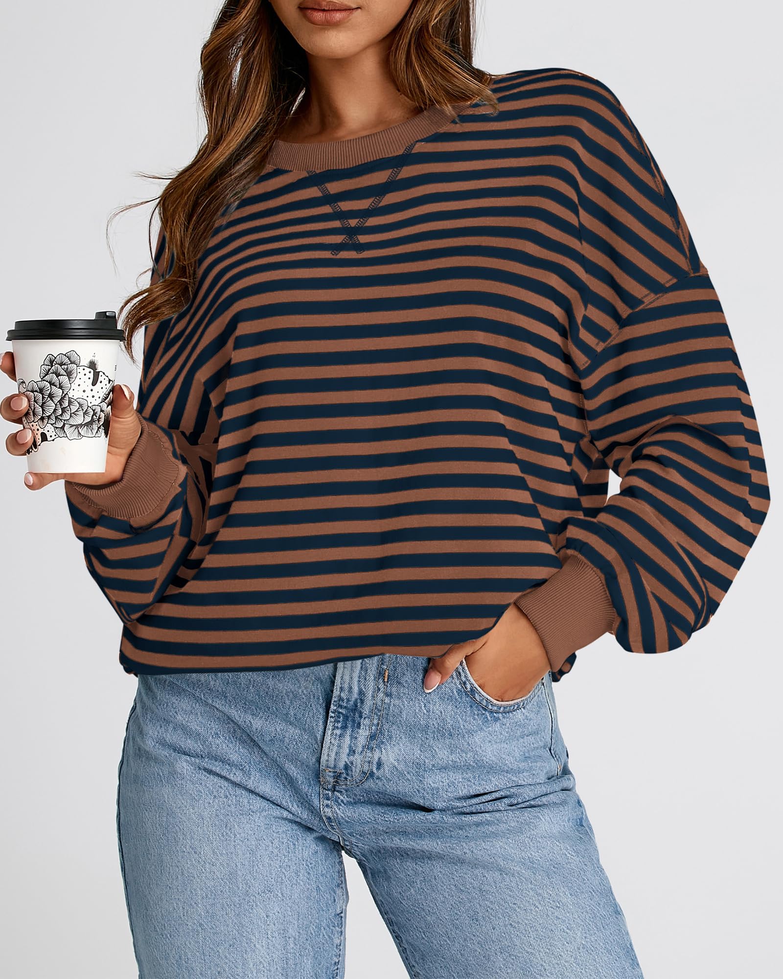BTFBM Sweatshirt For Women Summer Crewneck Long Sleeve Oversized Striped Pullover Tops Y2K Clothes Workout Shirt