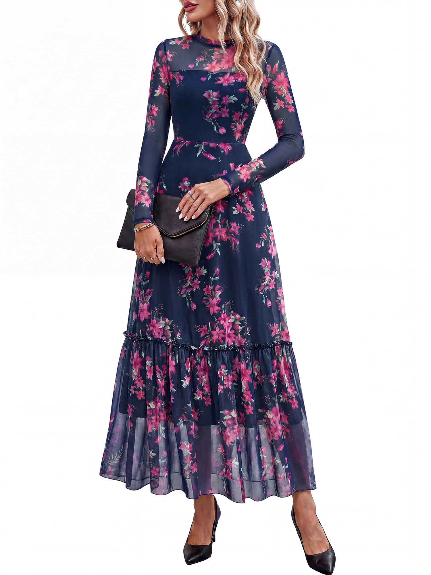 BTFBM Boho Mesh Long Sleeve Dress for Women | Mock Neck, Floral, A Line, Tiered, Graduation, Wedding, Cocktail Maxi Dresses, Fall Fashion, Resort Wear