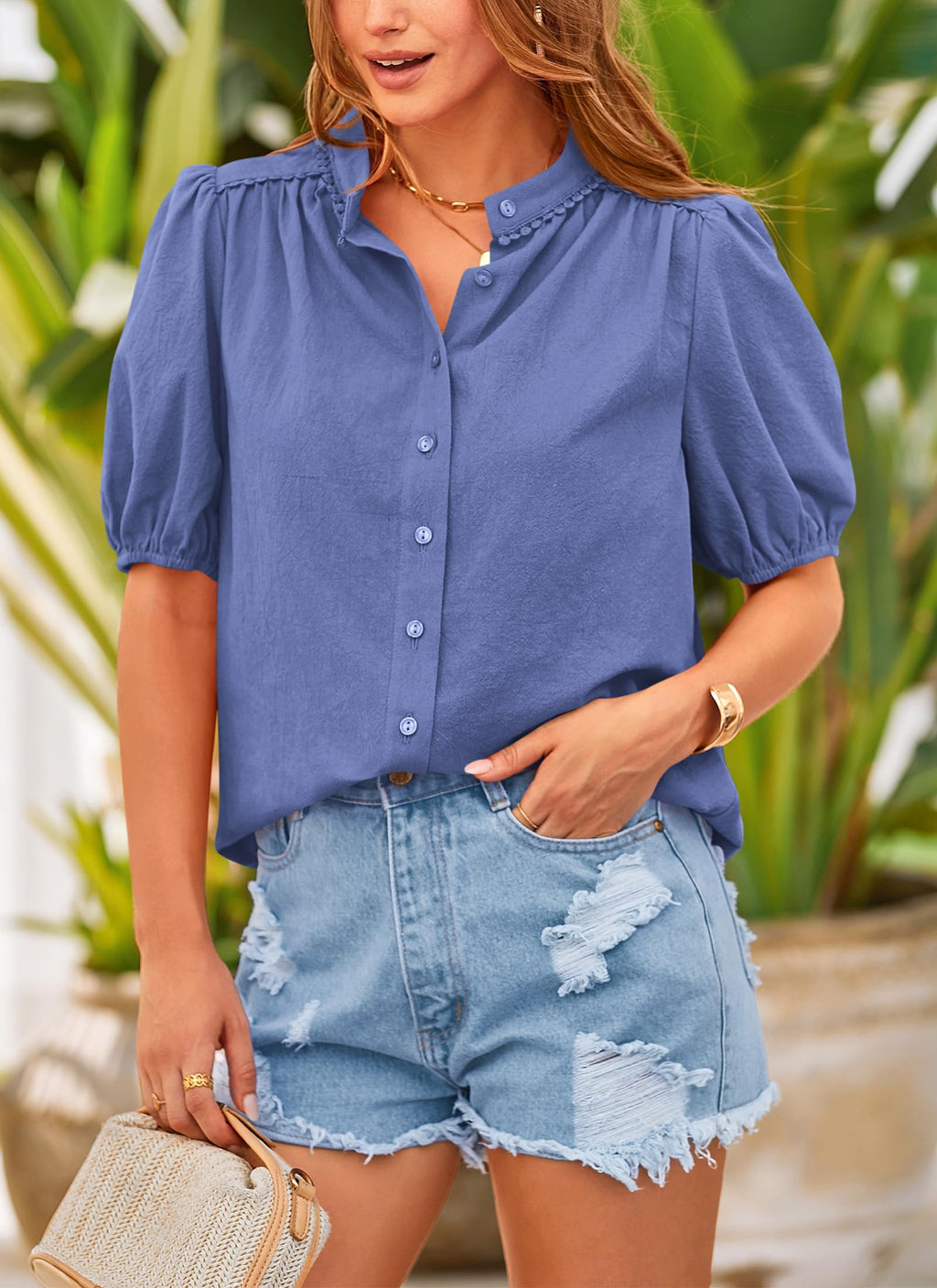 PRETTYGARDEN Women's Summer Button Down Shirts Short Lantern Sleeve V Neck Cotton Cute Dressy Casual Ladies Tops Blouses