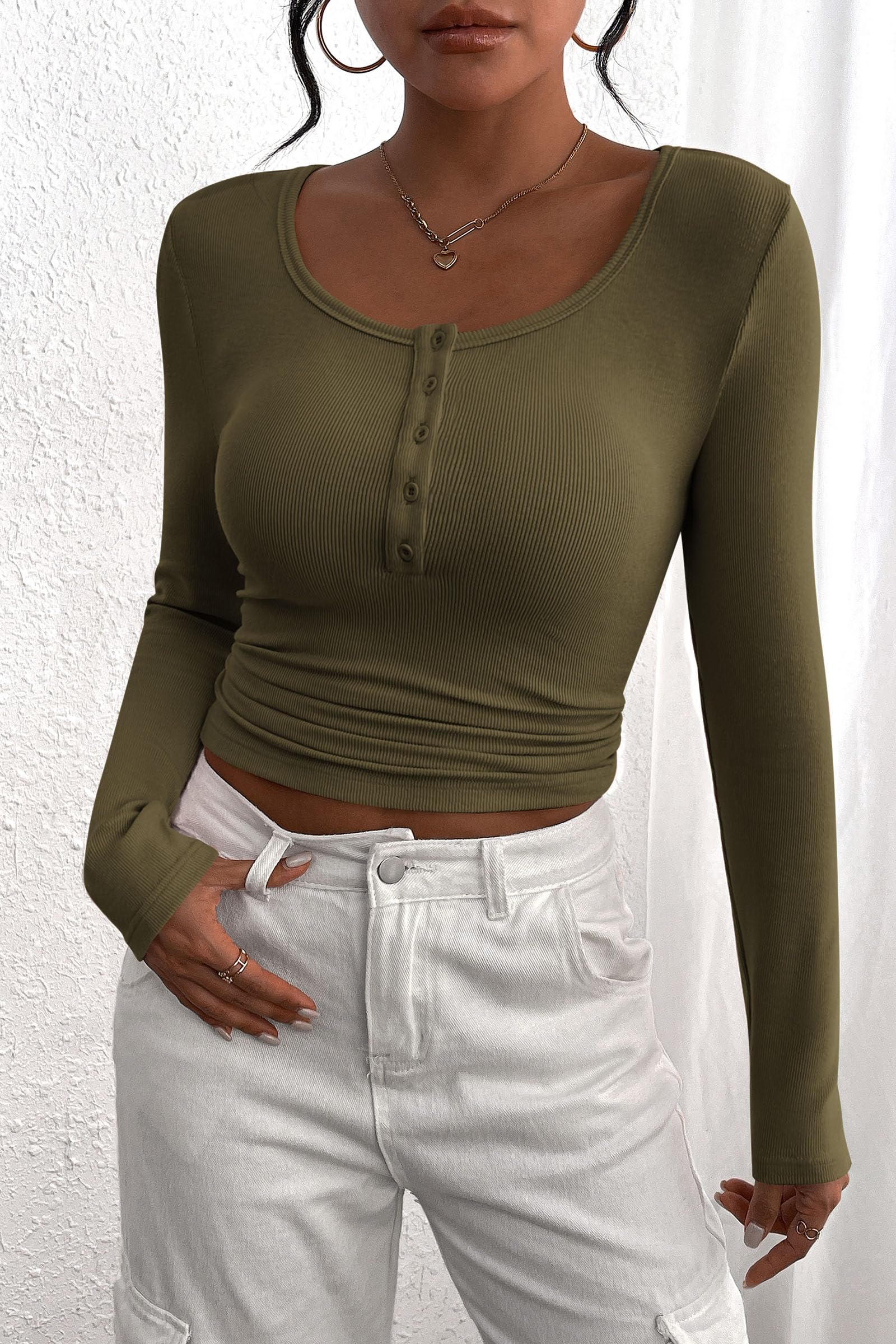 PRETTYGARDEN Women's Fall Long Sleeve Henley T Shirts Button Ribbed Knit Slim Fit Basic Tops Blouse Casual Outfits