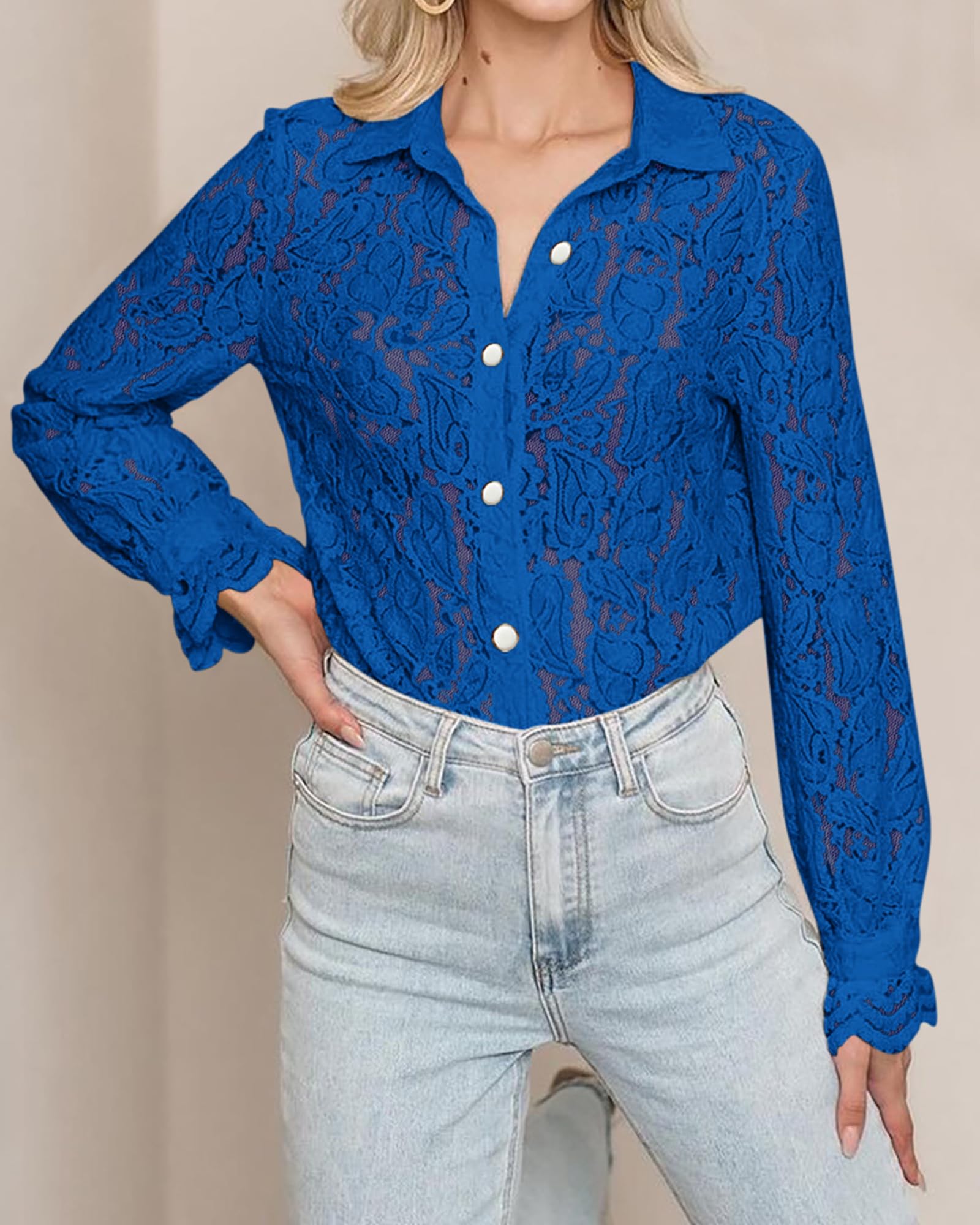 FreshPretty Long Sleeve Lace Blouses for Women Spring Dressy Casual Button Down Shirts Date Night Outfit Club Party Tops