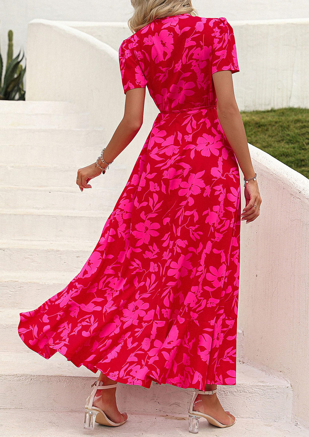 PRETTYGARDEN Women's Summer Maxi Dress Casual Wrap Floral Boho Short Sleeve V Neck Split Ruffle Beach Long Dresses