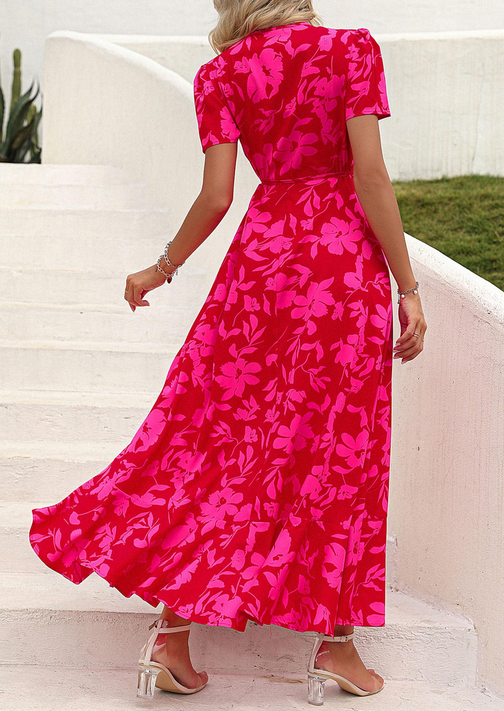 PRETTYGARDEN Women's Summer Maxi Dress Casual Wrap Floral Boho Short Sleeve V Neck Split Ruffle Beach Long Dresses
